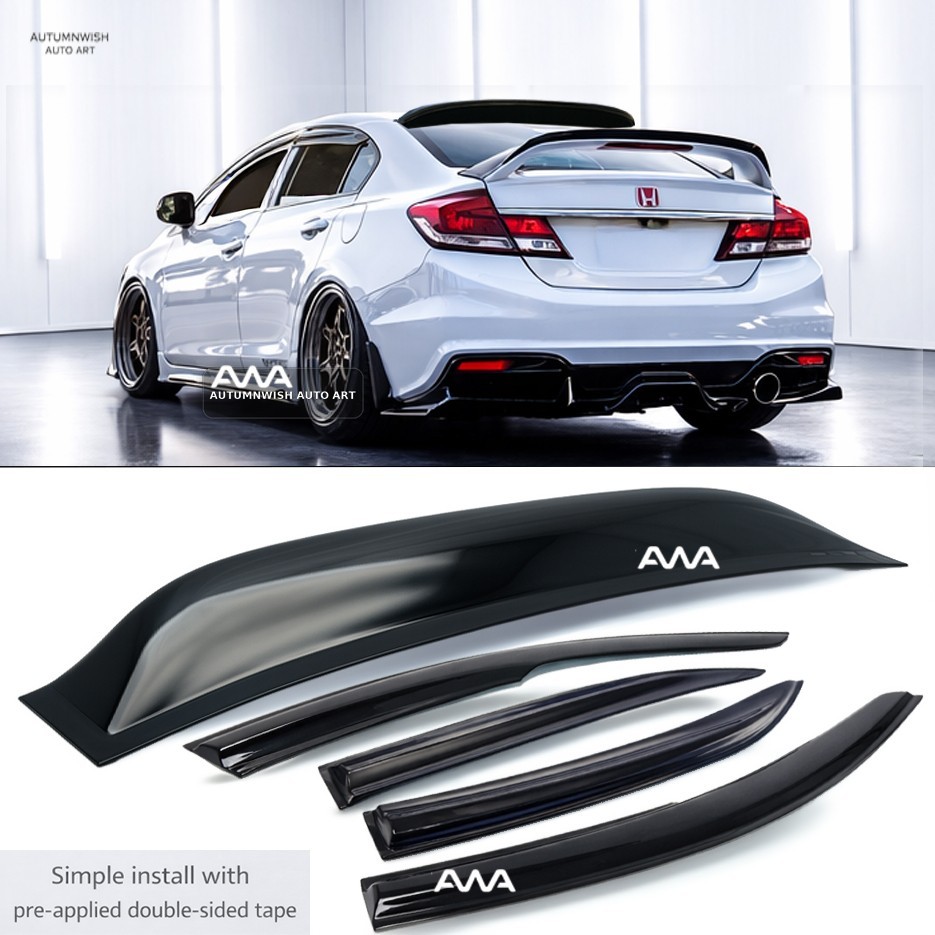 For 12-15 Honda Civic 4Dr Sedan Side Window Visors & Rear Roof Window Visor Set For 12-15 Honda Civic 4Dr Sedan Side Window Visors & Rear Roof Window Visor Set