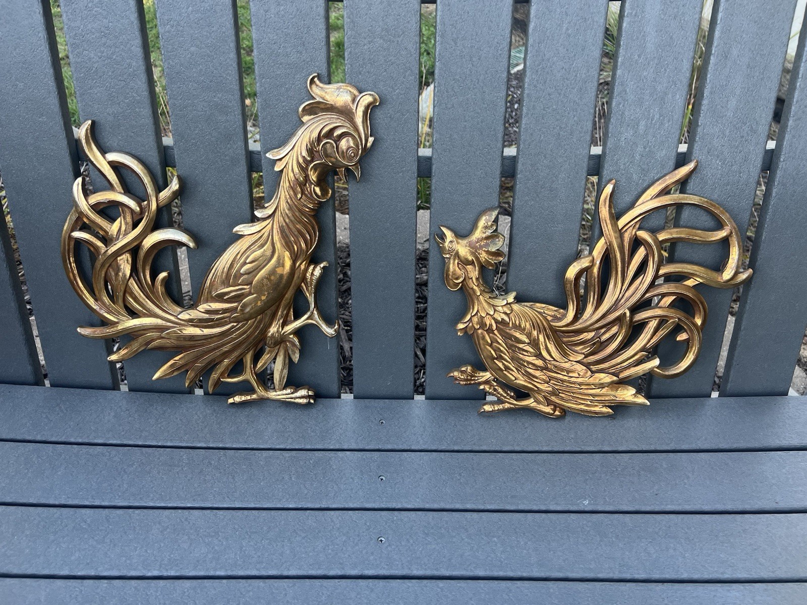 Pair of Vintage Mid Century Syroco Gold Wood Roosters Wall Decor Regency