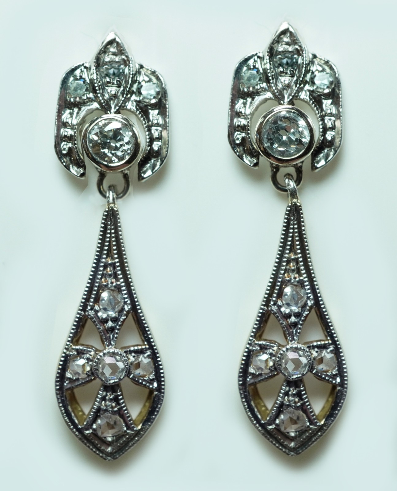 Victorian Old European Rose Diamond Dangling Earrings 14K 18K White Yellow Gold