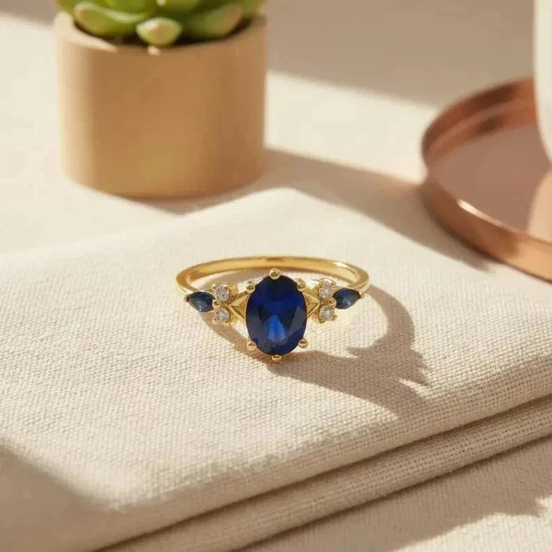 1.00 Ct Oval Cut Natural Blue Sapphire & Diamond Wedding Ring 14K Yellow Gold