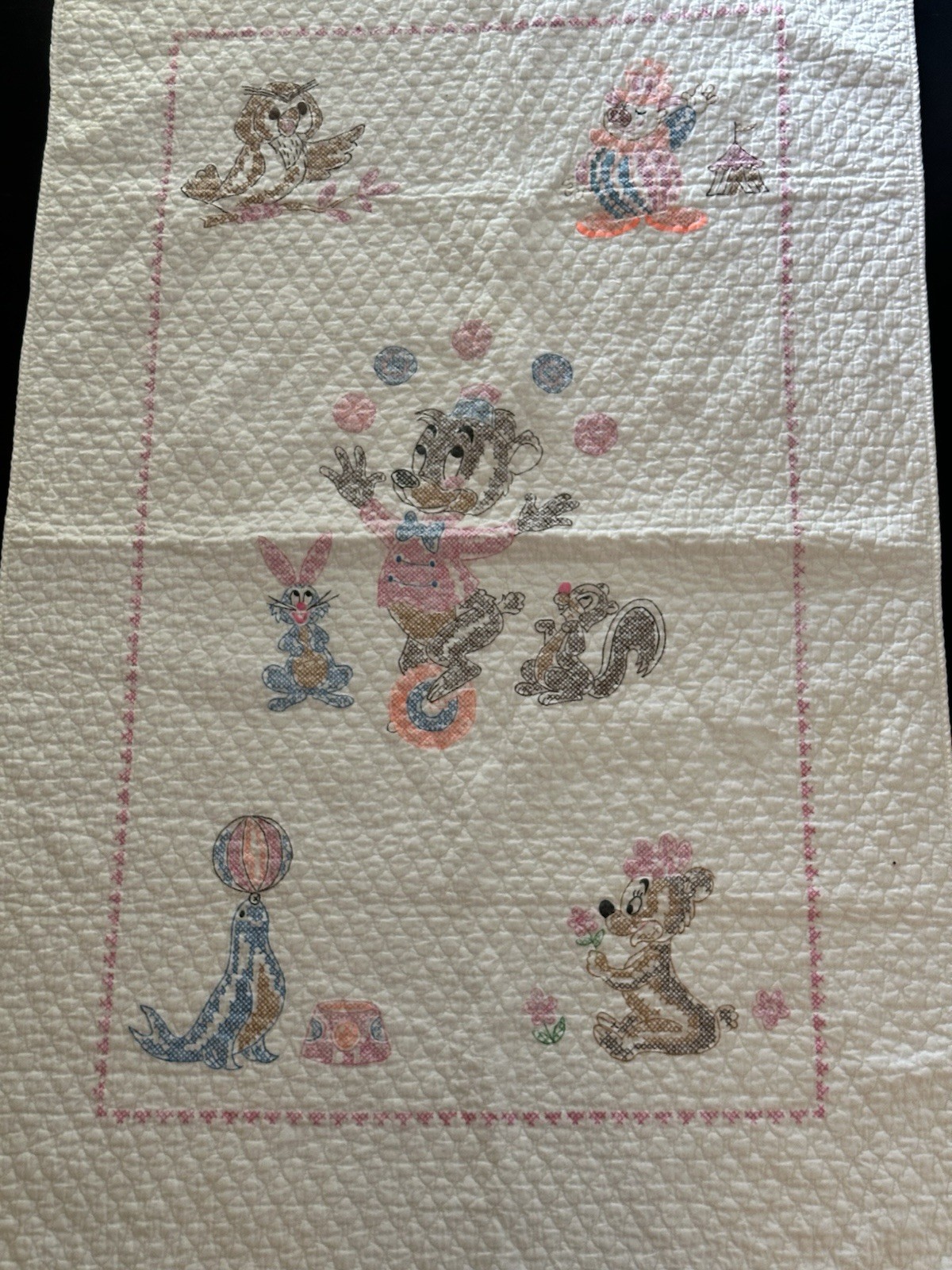 Vtg 1970s Factory Stamped Circus Theme Nursery Crib Quilt Blanket 33\