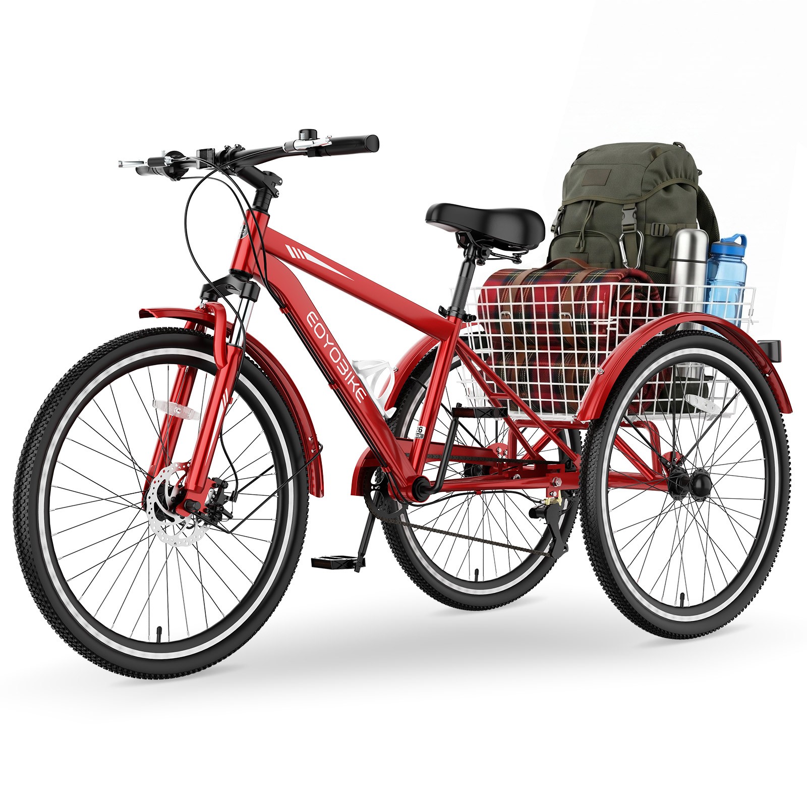 EOYOBIKE 26inch Adult 7-Speed Mountain Tricycle 3 Wheel Cruiser Bike with Basket