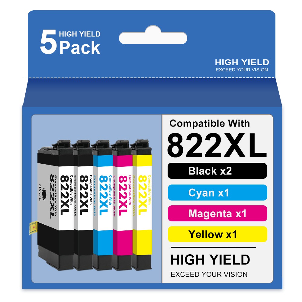 5Pack T822XL 822XL Ink Cartridge For Epson WorkForce Pro WF-3820 WF-4834 WF-4833