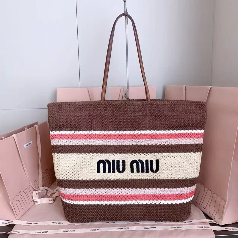 Miu Miu Raffia Effect Woven Tote Brown Pink Cream Stripe Leather Shoulder Bag Miu Miu Raffia Effect Woven Tote Brown Pink Cream Stripe Leather Shoulder Bag