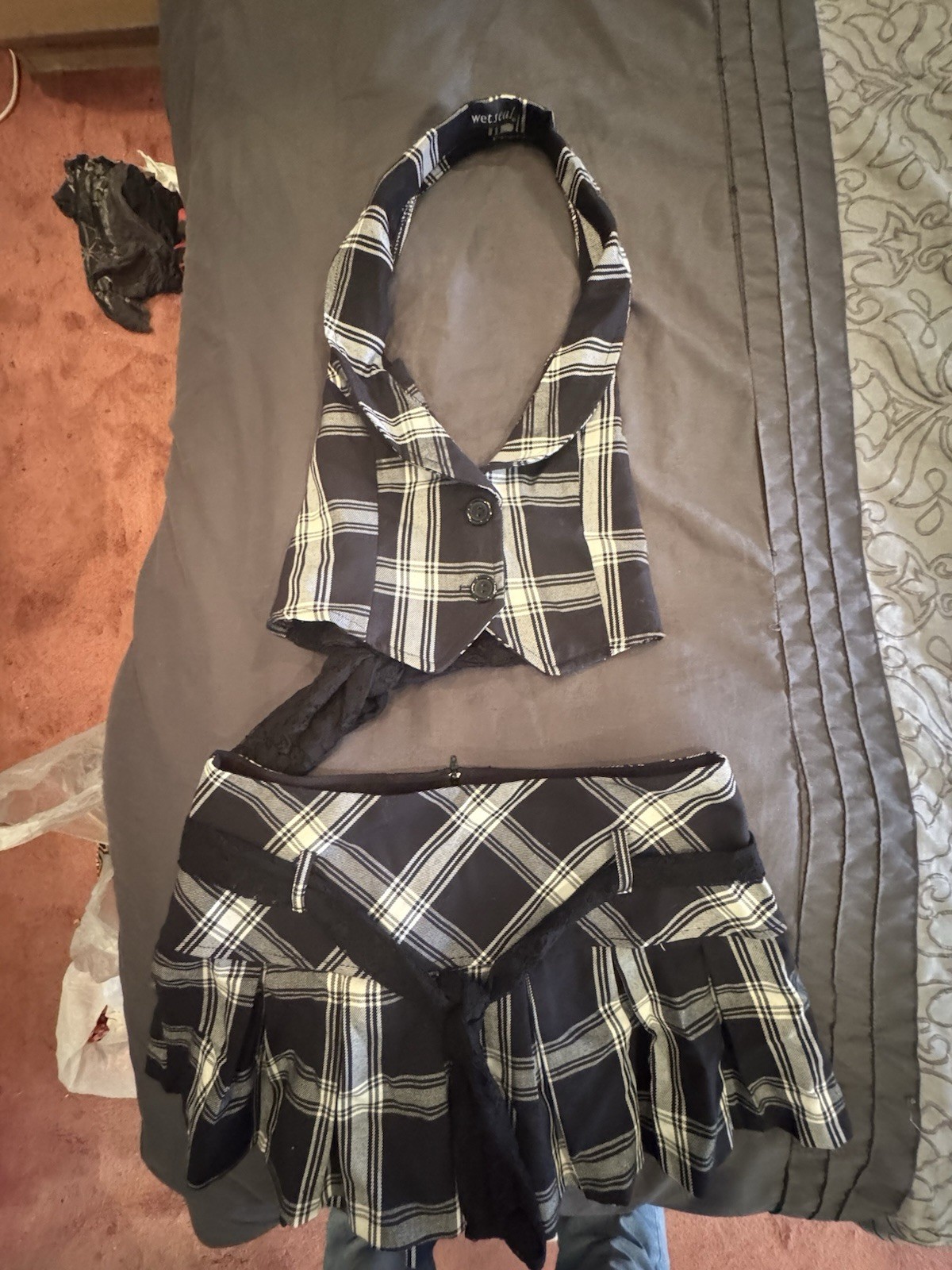 Vintage Y2K Wet Seal Plaid Halter Vest Mini Skirt Set Medium Made USA Goth