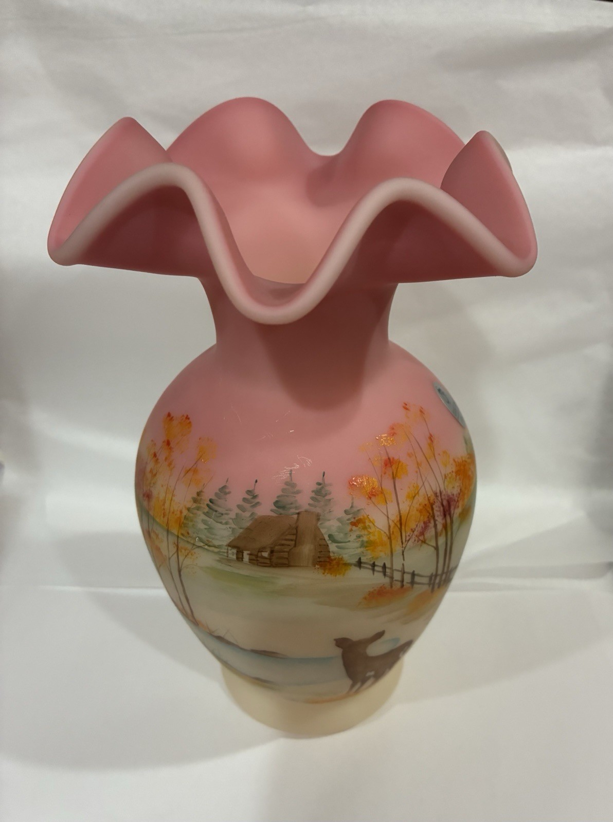 Vintage Fenton Four Seasons Burmese Satin Vase Painted By Cathy Mackey 1288/1500