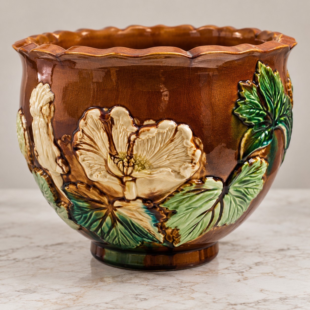 Antique Japan Majolica Jardiniere Awaji Sanpei Attributed Floral Planter 10