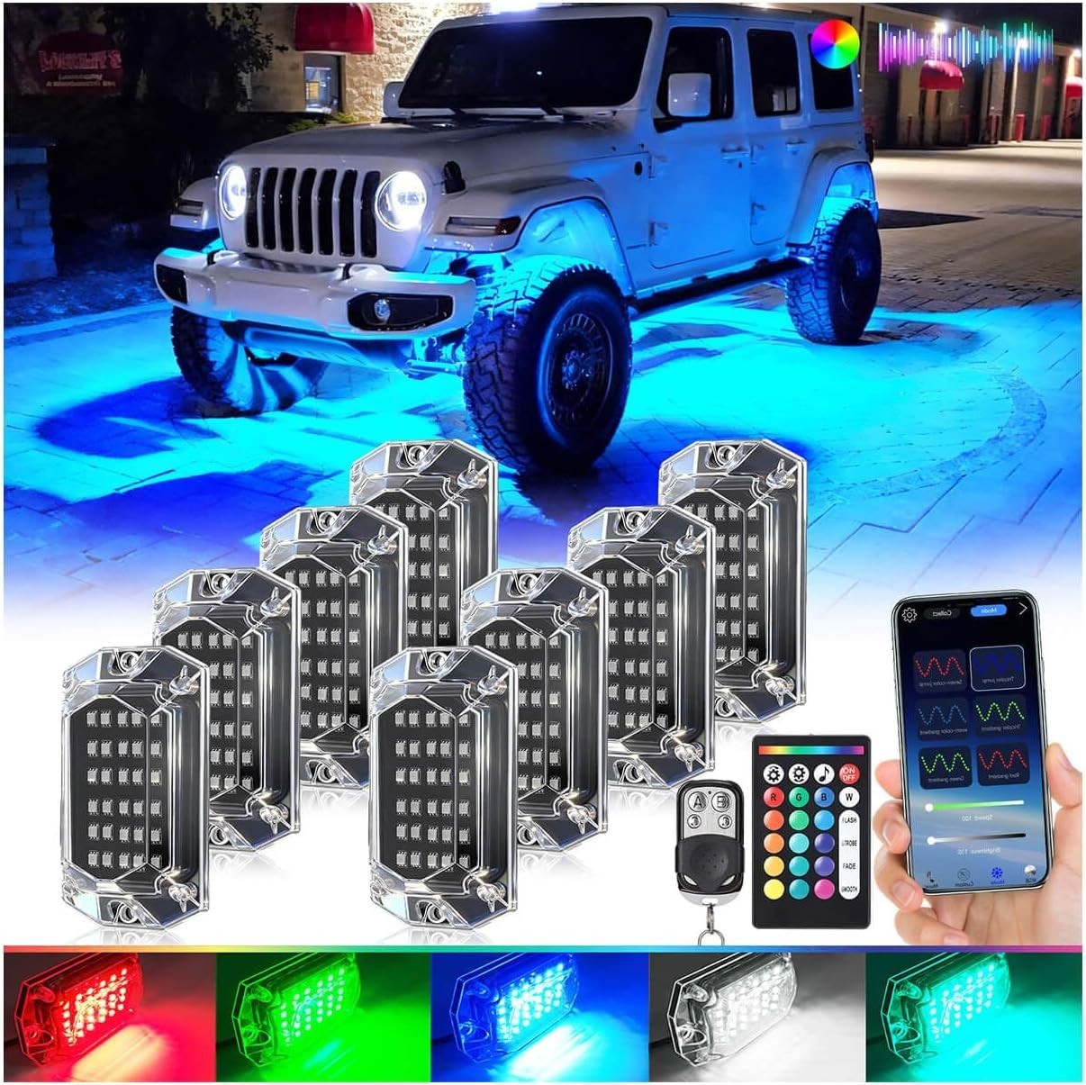 8Pods Full Angle RGB LED Rock Lights Full Kit for Jeep Trucks ATV UTV SXS RZR SU 8Pods Full Angle RGB LED Rock Lights Full Kit for Jeep Trucks ATV UTV SXS RZR SU