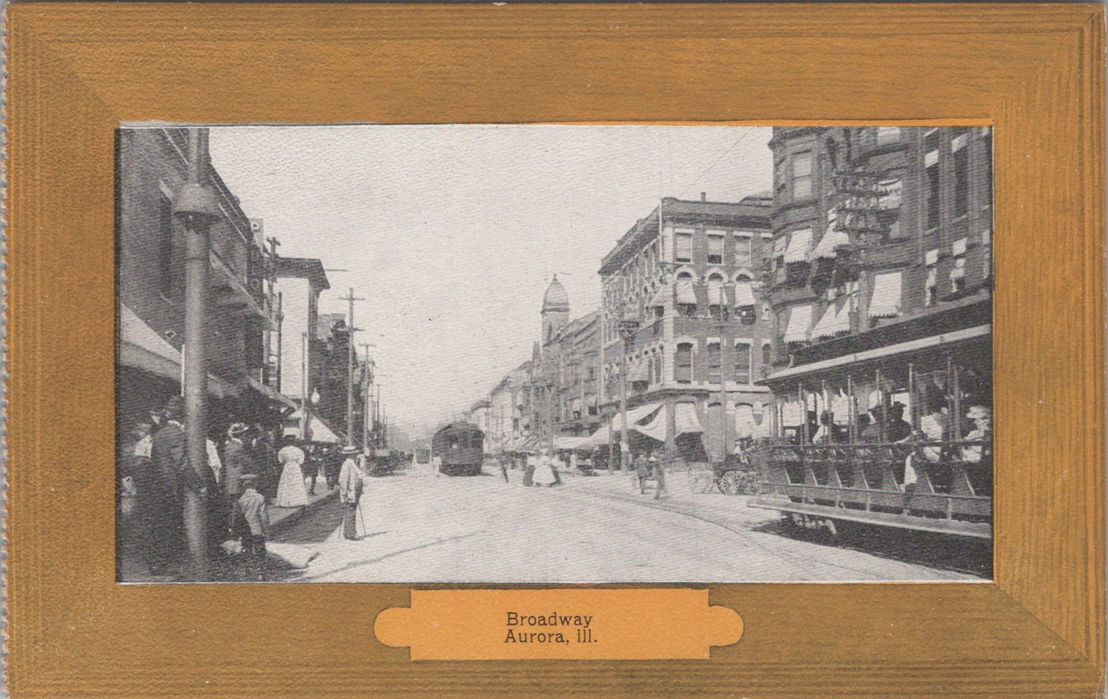 Broadway Aurora Illinois IL Open Streetcar Trolley Shops Luxatone 1900s Postcard