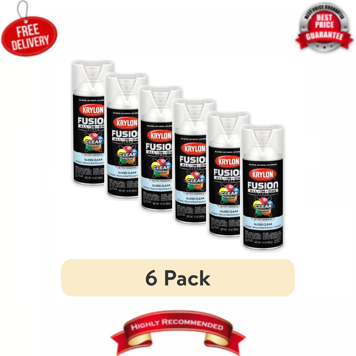 (6 pack) Krylon Fusion All-In-One Clear, Gloss, Clear, 12 oz (6 pack) Krylon Fusion All-In-One Clear, Gloss, Clear, 12 oz