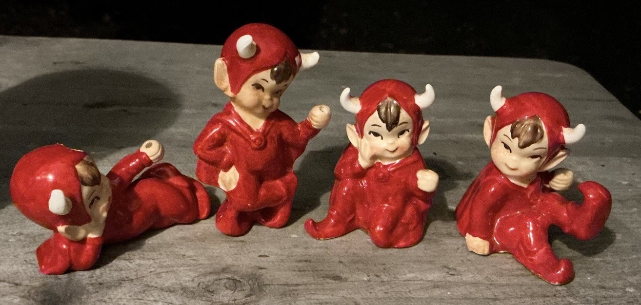 Vintage Lefton Red Devils, 4, 1 Horn Repair, No Pitchforks, RARE Vintage Lefton Red Devils, 4, 1 Horn Repair, No Pitchforks, RARE