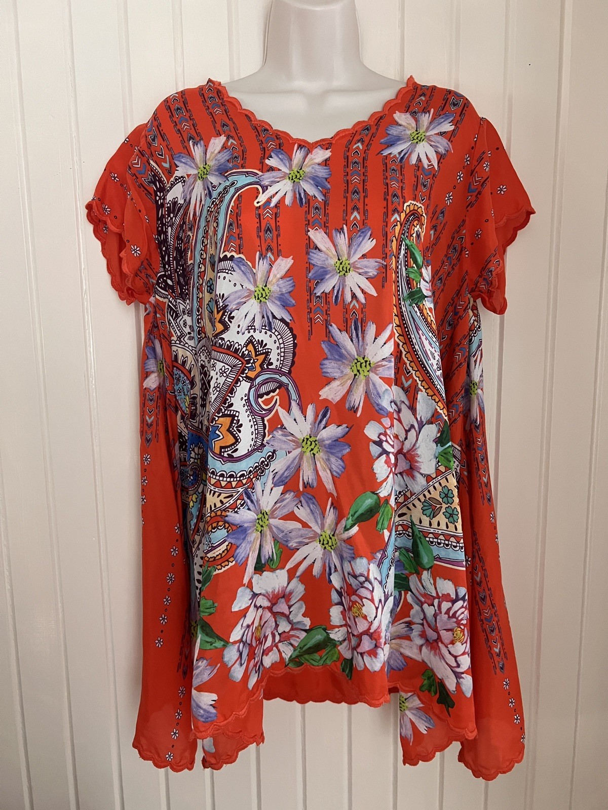 Johnny Was Silk Boho Flowy Linko Floral Printed  Blouse Top Shirt L EUC Red Orng