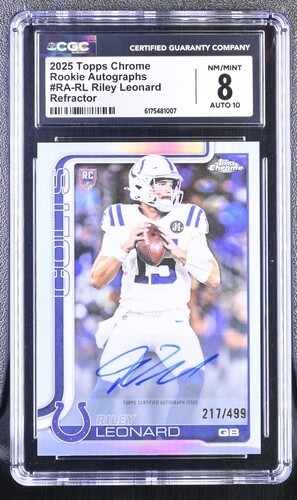 2025 Topps Chrome Riley Leonard Colts RA-RL Refractor /499 AUTO CGC 8 2025 Topps Chrome Riley Leonard Colts RA-RL Refractor /499 AUTO CGC 8