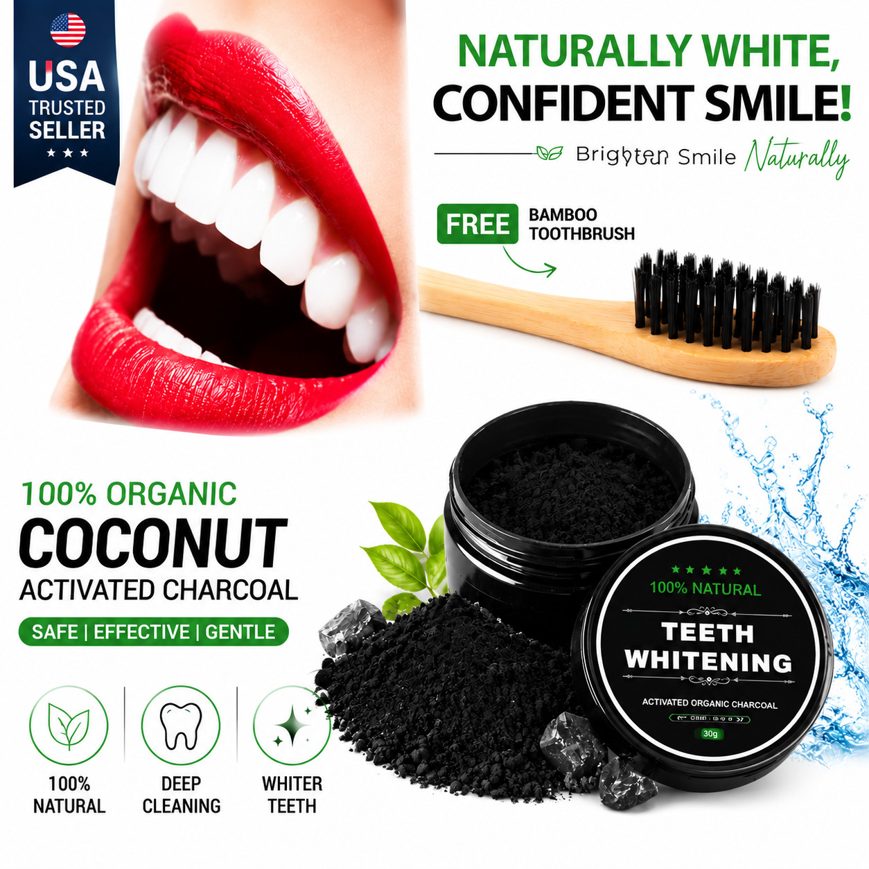 100% ORGANIC COCONUT ACTIVATED CHARCOAL NATURAL TEETH WHITENING POWDER