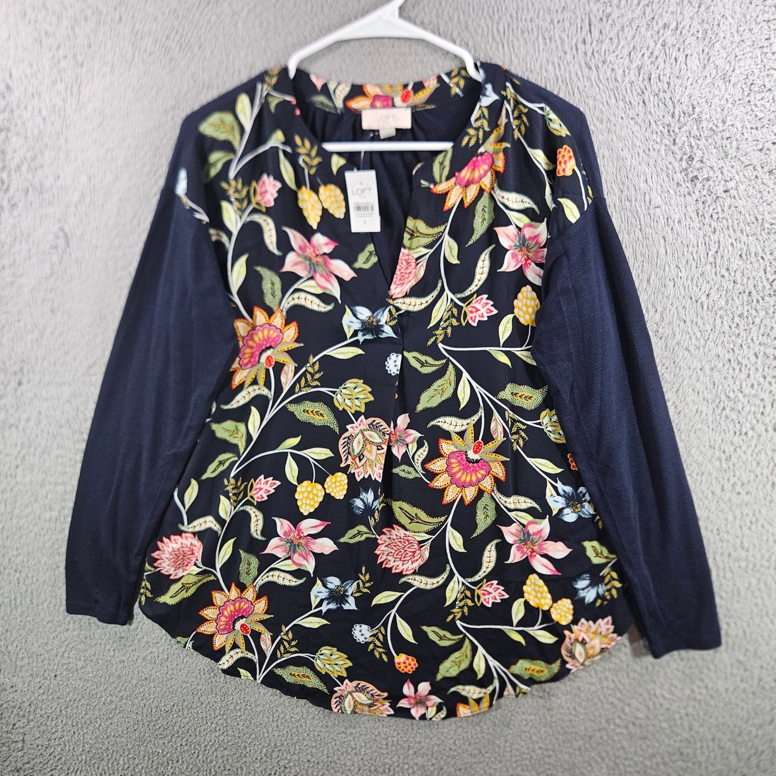 LOFT Outlet Womens Navy Floral Mixed Media Long Sleeve Split Neck Top S NEW NWT