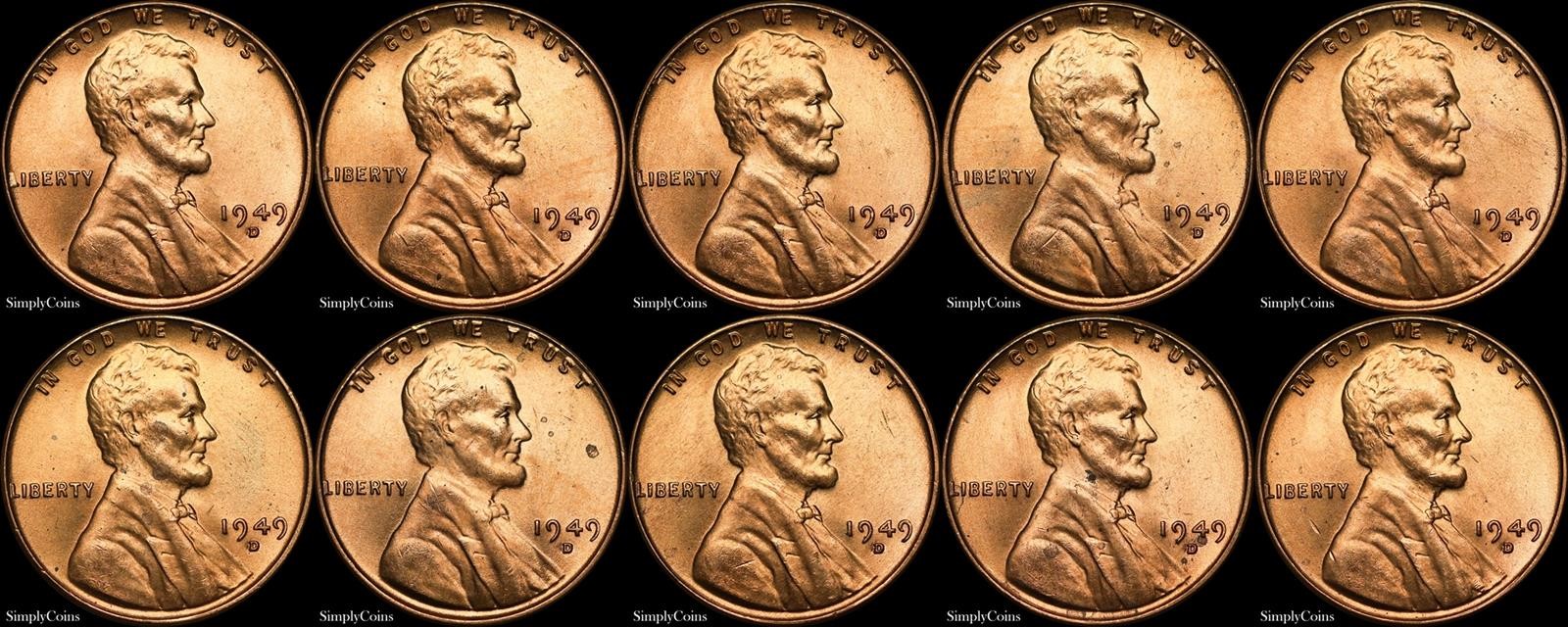 x10 1949-D/D Lincoln Wheat Cent Penny BU Uncirculated RED RPM Repunched Mintmark
