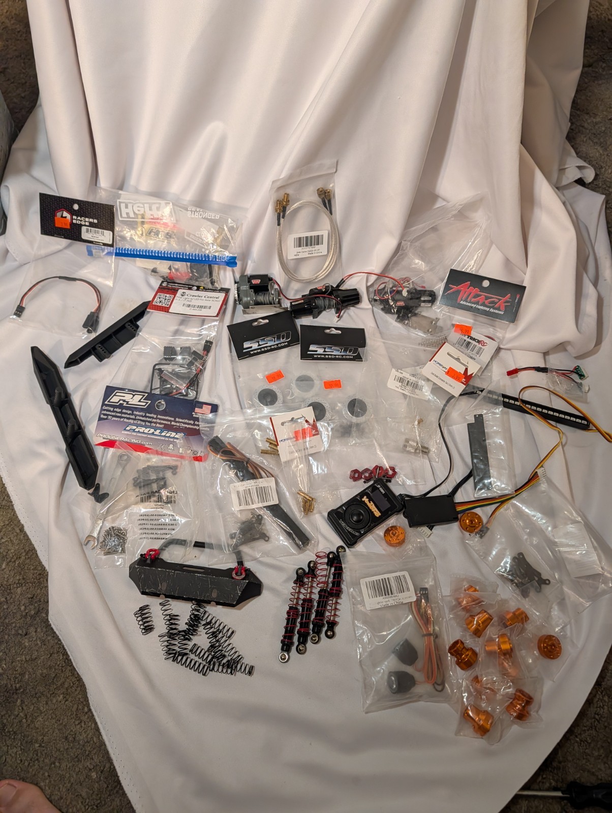 Large Lot Crawler Rc Truck Parts, Winches, Light Bars, Cords, Hardware