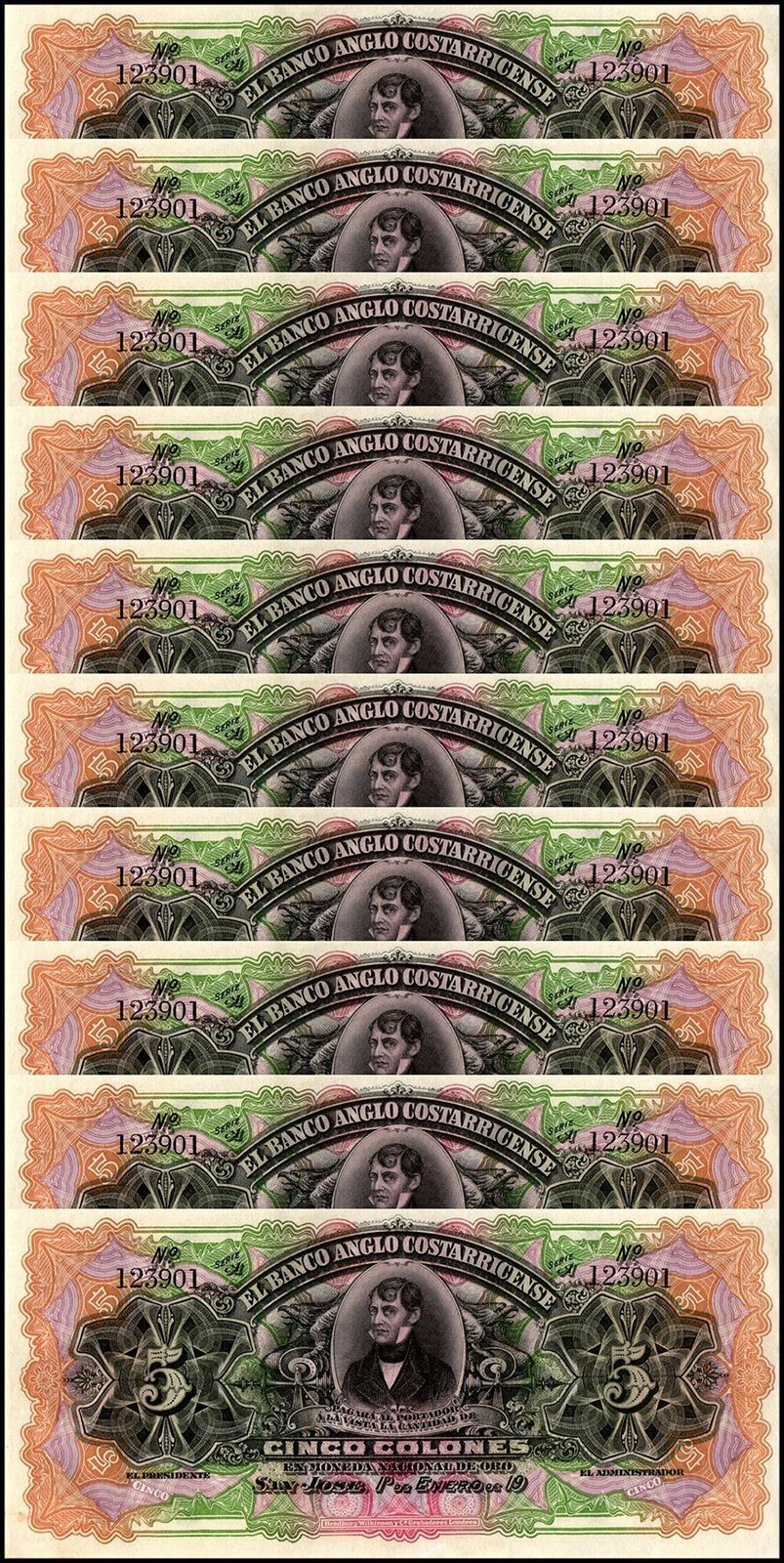 Costa Rica 5 Colones, 1903-1917, P-S122r, UNC, Unsigned Remainder X 10 PCS