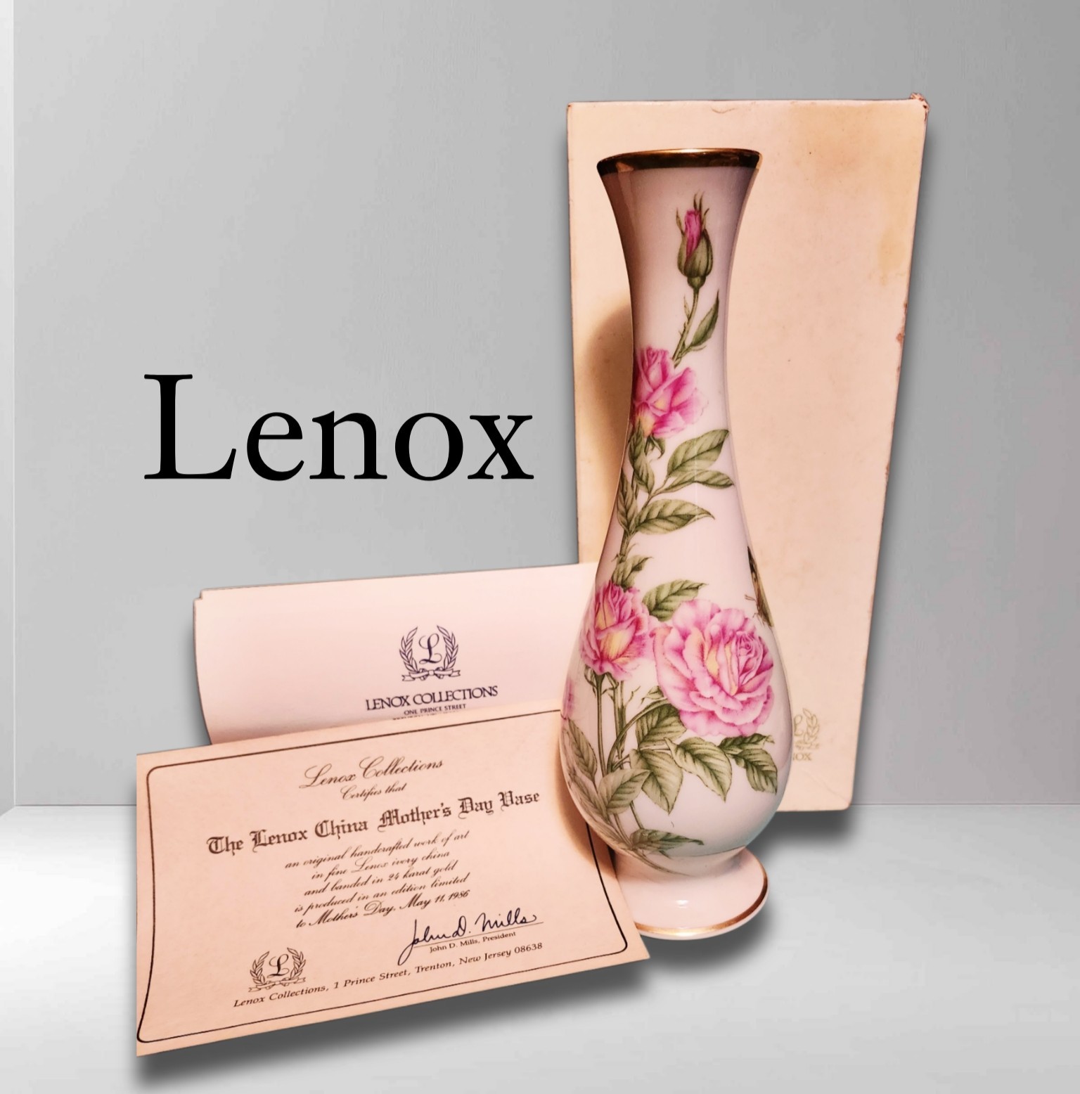 Lenox Bone China Vase roses 1986 Vintage collectible w box and paperwork Lenox Bone China Vase roses 1986 Vintage collectible w box and paperwork