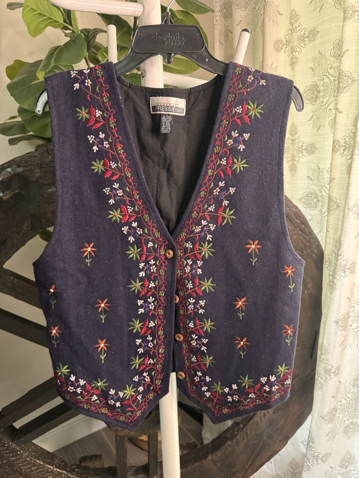 VTG 90s Body Expressions Embroidered Wool Vest Blue Cottagecore Floral Folk Boho