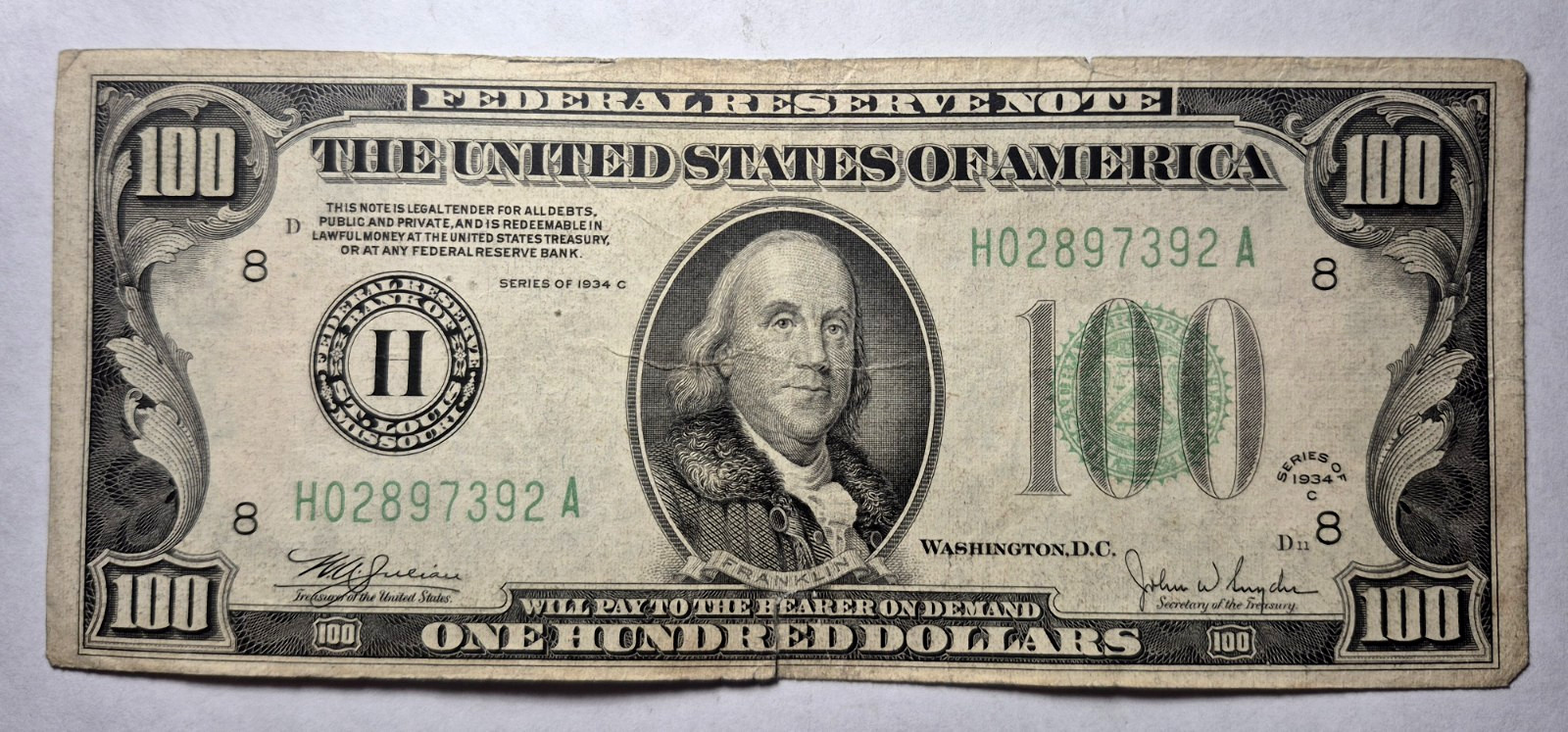 1934 C $100 FEDERAL RESERVE NOTE CIRCULATED ST LOUIS  H02897392  A