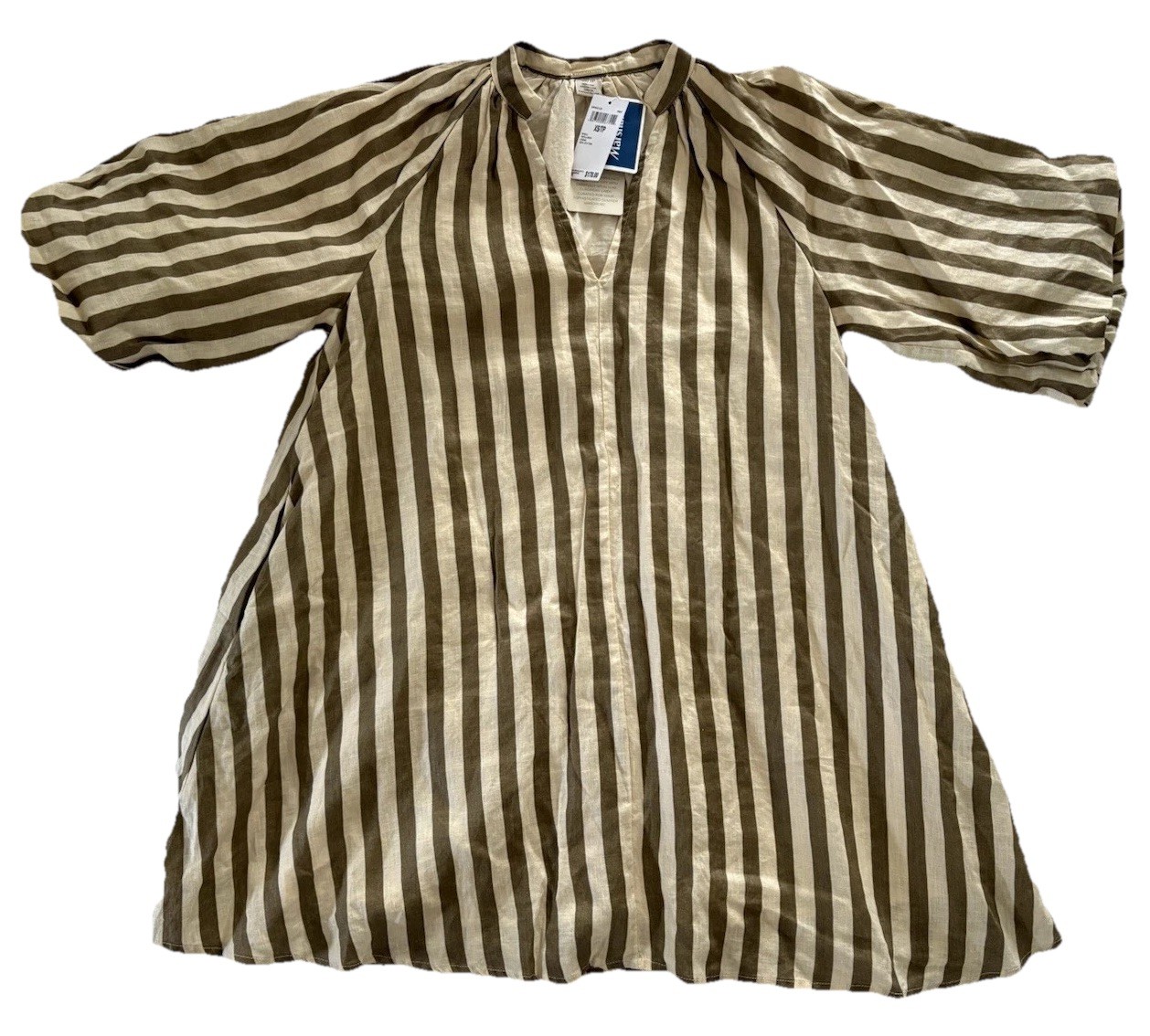 NWT Magaschoni Striped Linen Short Dress Small Bubble Hem Sleeves Pockets Green NWT Magaschoni Striped Linen Short Dress Small Bubble Hem Sleeves Pockets Green