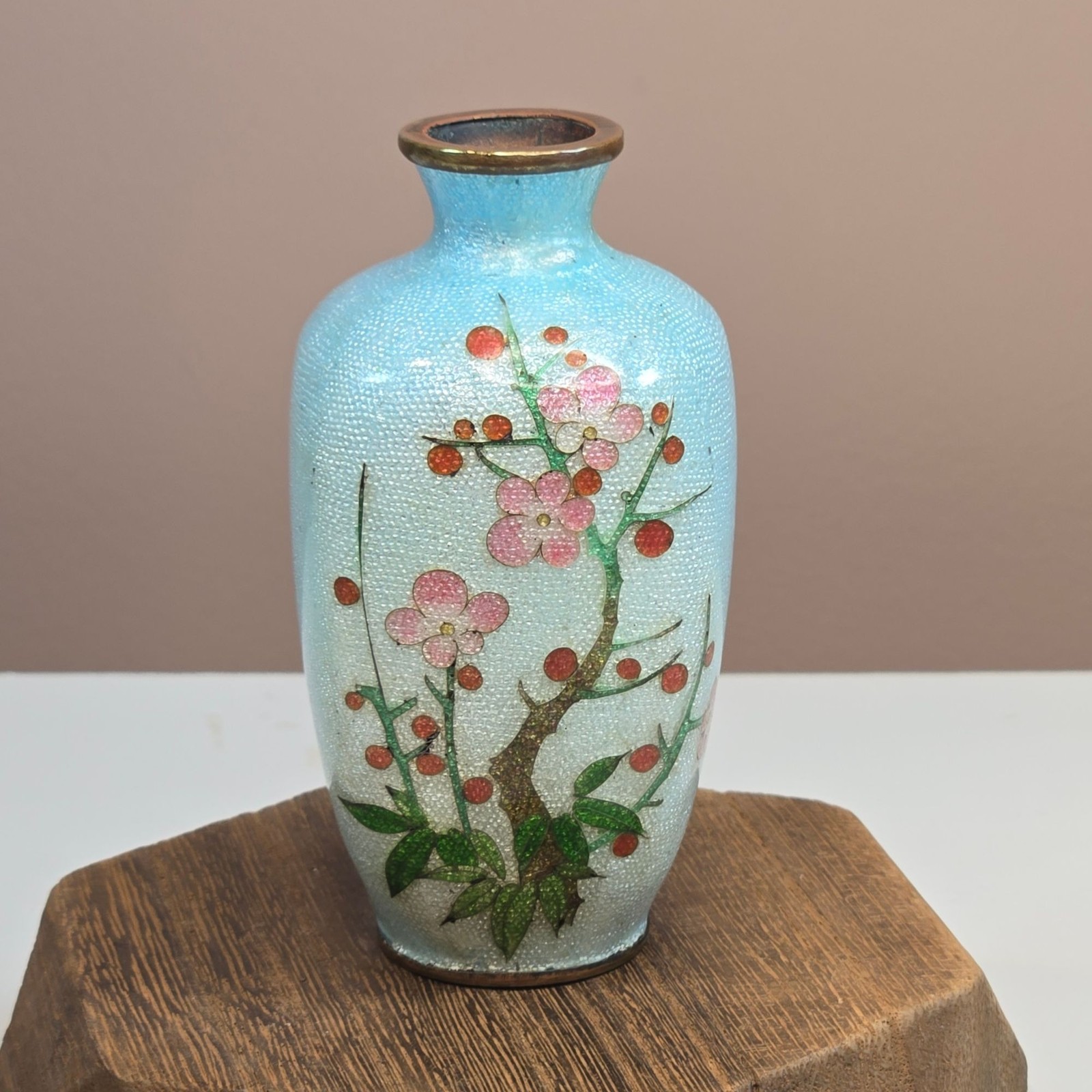 Antique 19th Century Japanese Meiji Mini Foil Enamel Bronze Vase Cherry Blossom 