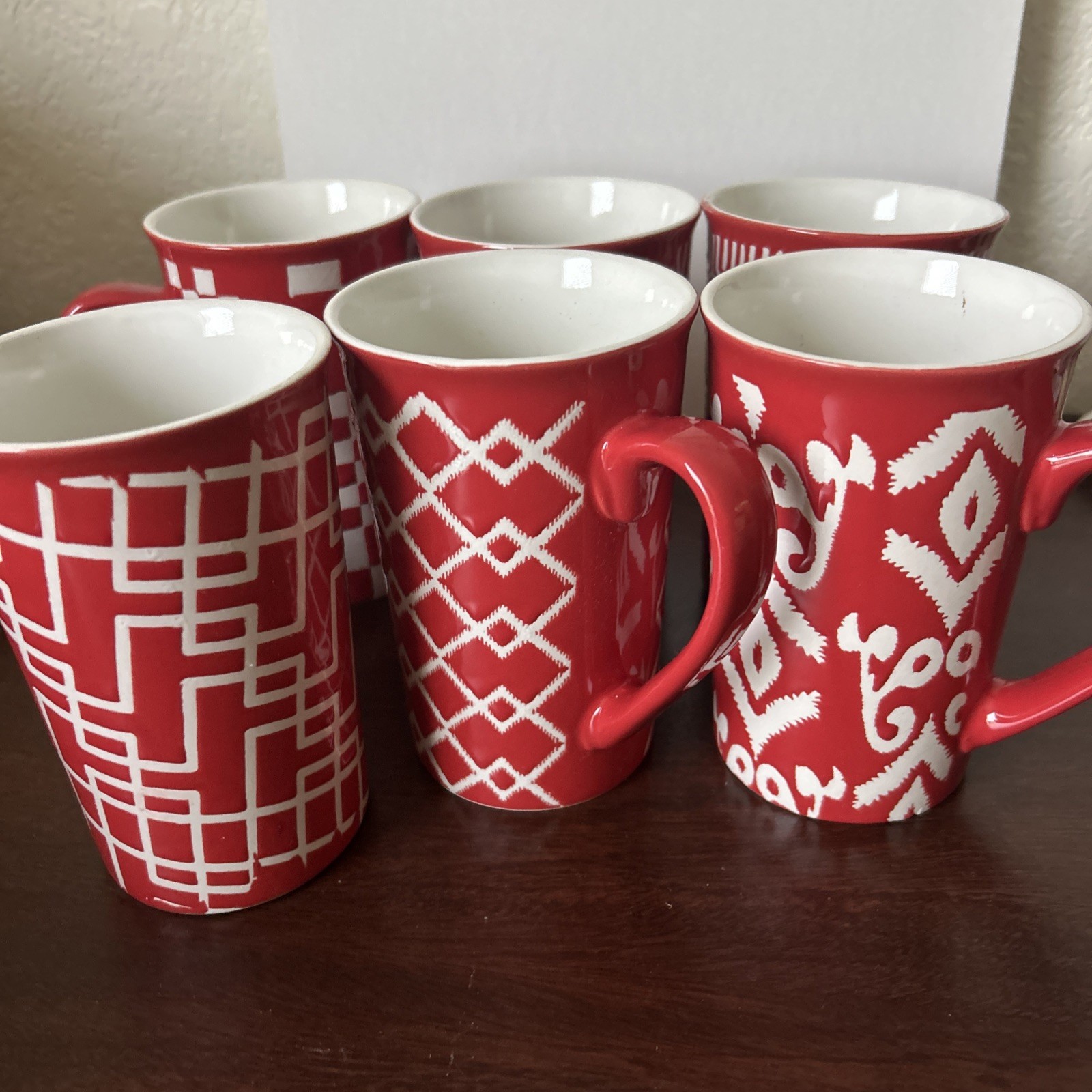 Coffee mugs set of six geometric style red white gallery mason nwot Coffee mugs set of six geometric style red white gallery mason nwot