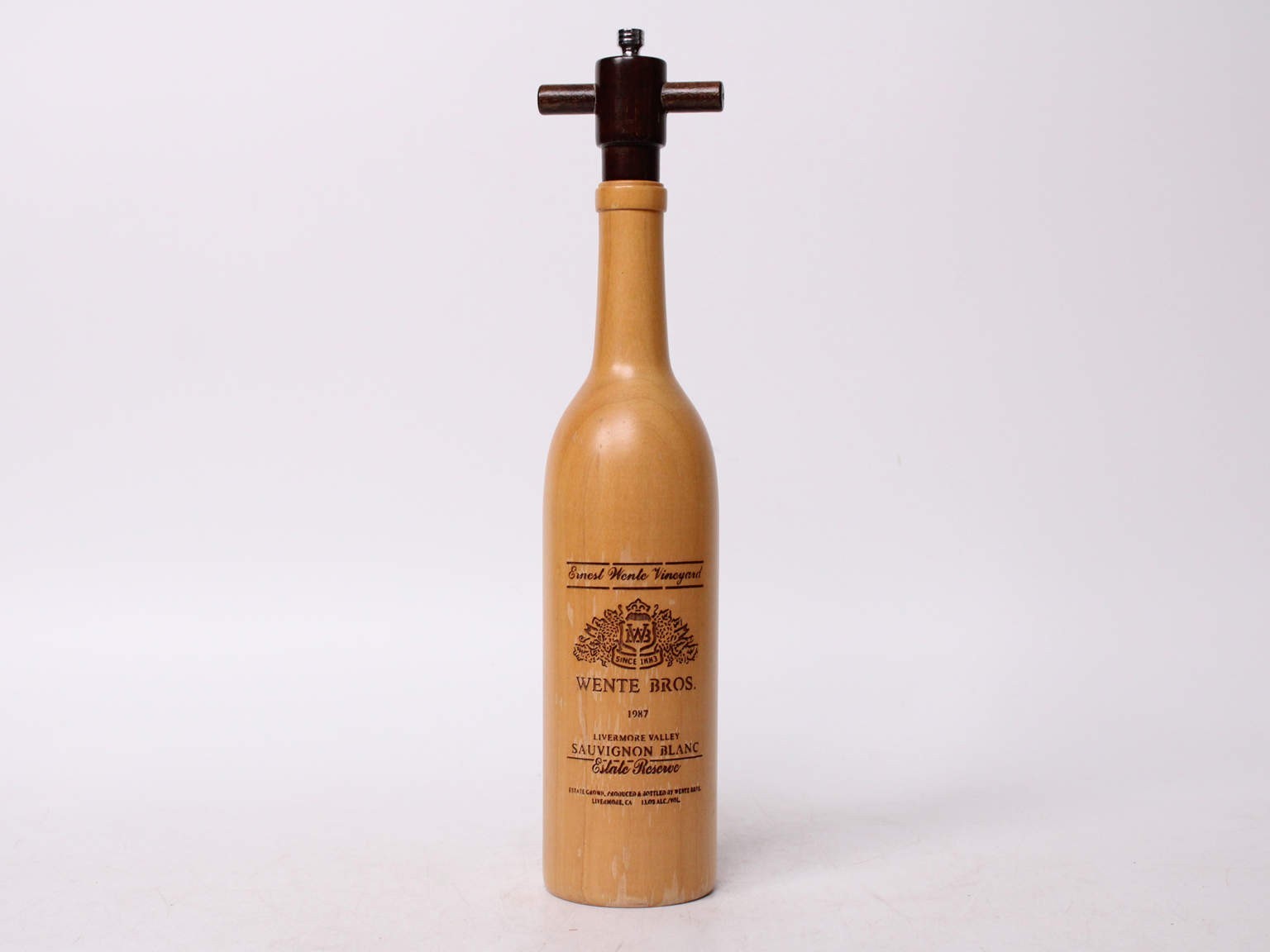 Vintage Olde Thompson Wooden Wine Bottle Pepper Mill - Wente Vineyards Label Vintage Olde Thompson Wooden Wine Bottle Pepper Mill - Wente Vineyards Label