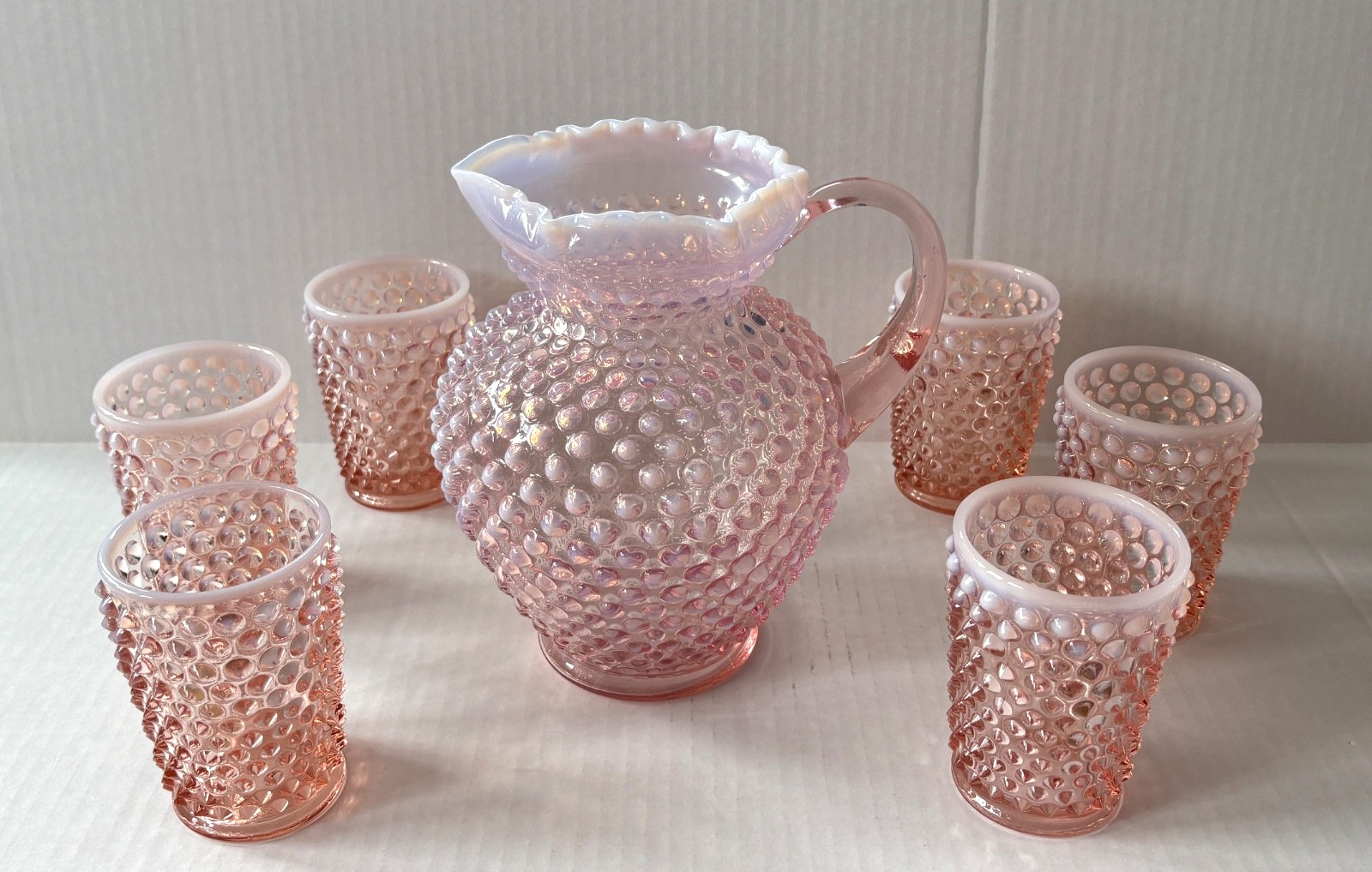 Beautiful Fenton Pink Opalescent Hobnail Pitcher & 6 Drinking Glasses Beautiful Fenton Pink Opalescent Hobnail Pitcher & 6 Drinking Glasses
