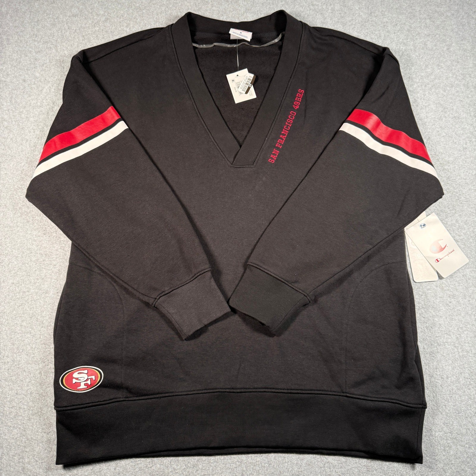 Champion San Francisco 49ers V-Neck Sweatshirt Black Red Small NWT Champion San Francisco 49ers V-Neck Sweatshirt Black Red Small NWT