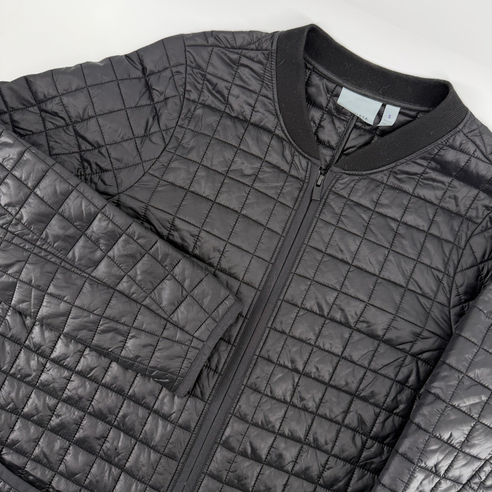 Athleta Quilted Long Bomber Jacket Women Small Black Full Zip Pockets Quilted