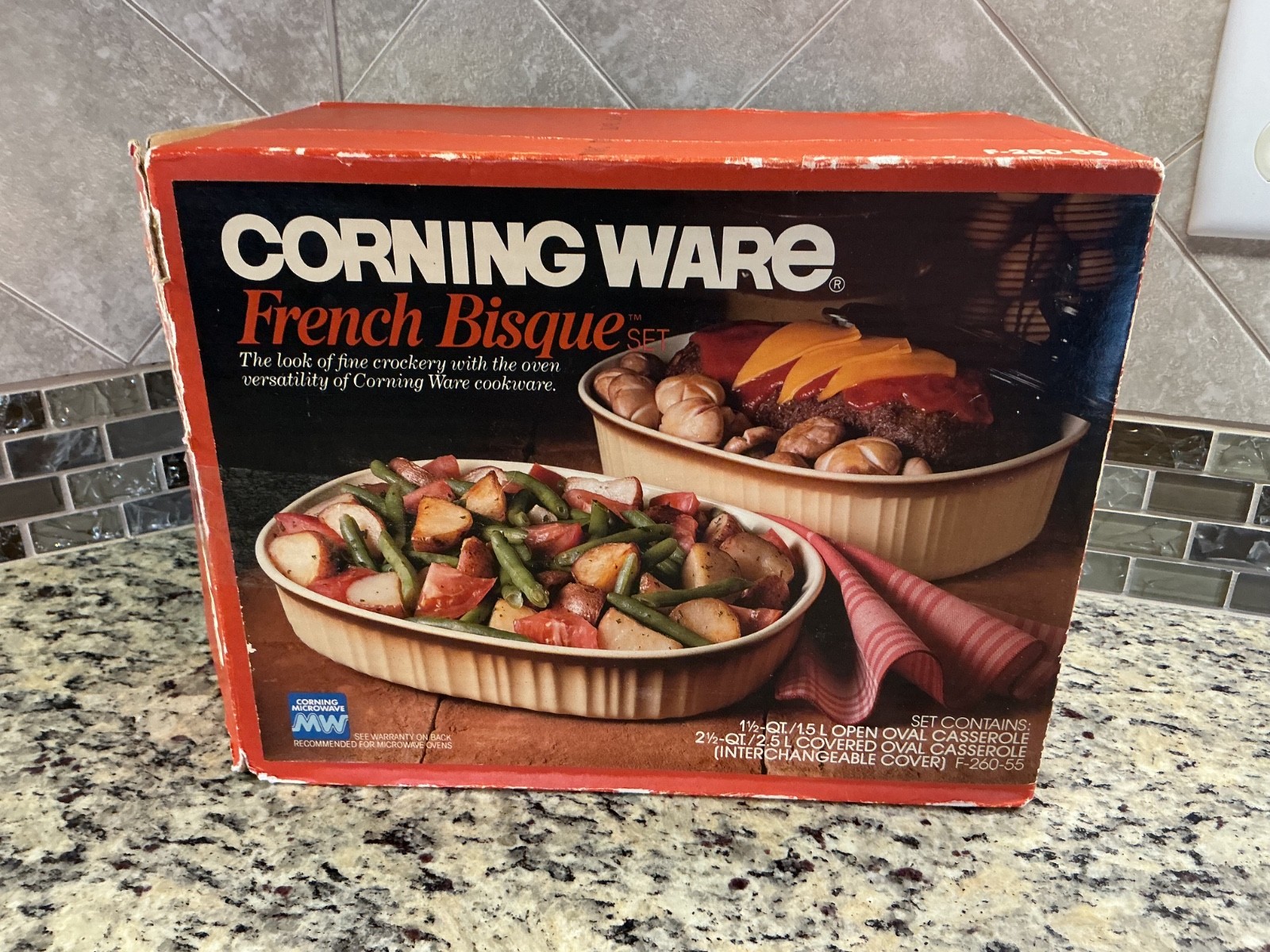 VTG Corning Ware French Bisque F-260 Oval Casserole 3 Pc Set - New Open Box 1980 VTG Corning Ware French Bisque F-260 Oval Casserole 3 Pc Set - New Open Box 1980