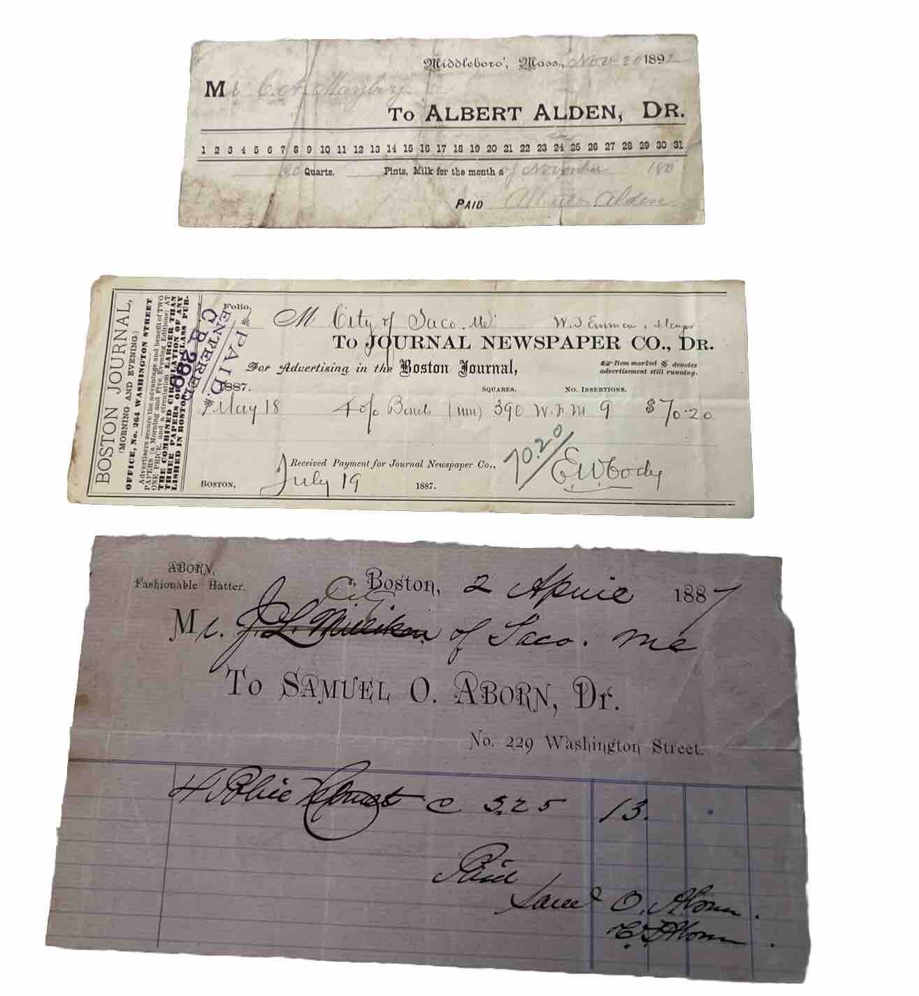 (3) Antique Canceled Checks 1887 1892 Boston Journal Plus. (3) Antique Canceled Checks 1887 1892 Boston Journal Plus.