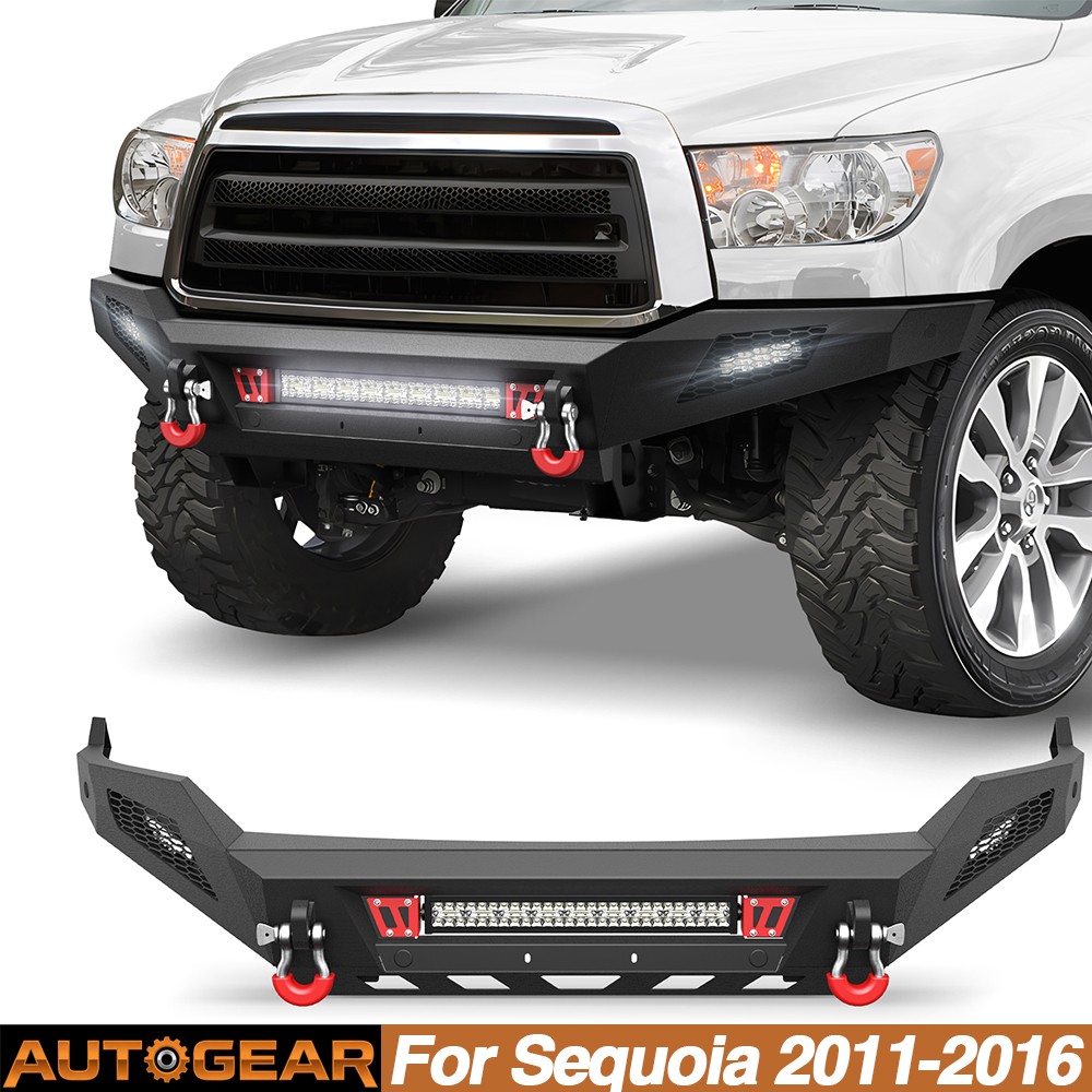 For 2011-2016 Toyota Sequoia Steel Black Front Bumper w/LED Light & Sensor Holes