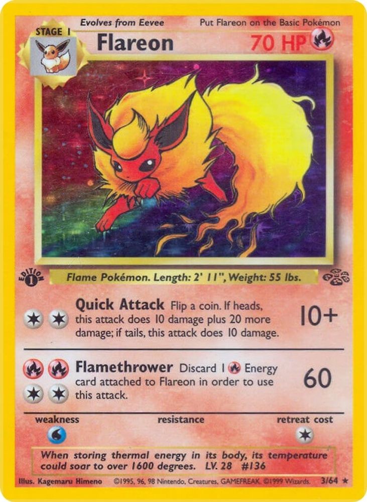 1999 PKM: JU Flareon 3 (#03/64, 1st Edition Holofoil, Holo Rare, Heavily Played) 1999 PKM: JU Flareon 3 (#03/64, 1st Edition Holofoil, Holo Rare, Heavily Played)