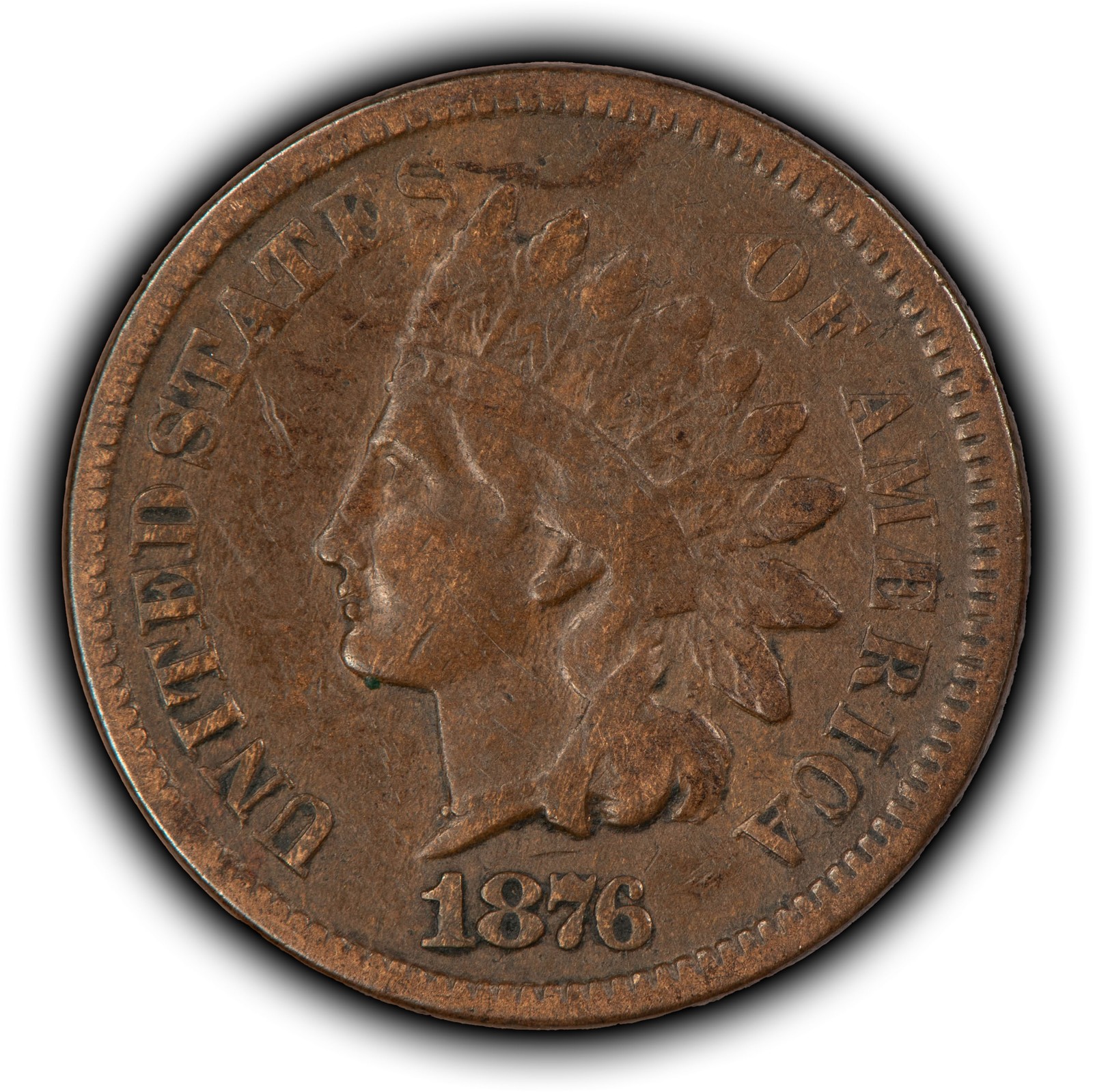 1876 1c Indian Head Small Cent - Chocolate Brown - VF - SKU-Y6516