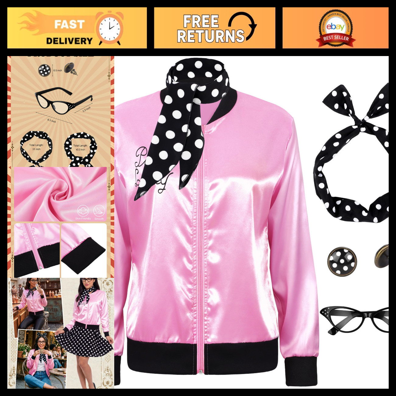 Vintage 1950s Pink Satin Jacket - Retro Women's Costume for Halloween Party