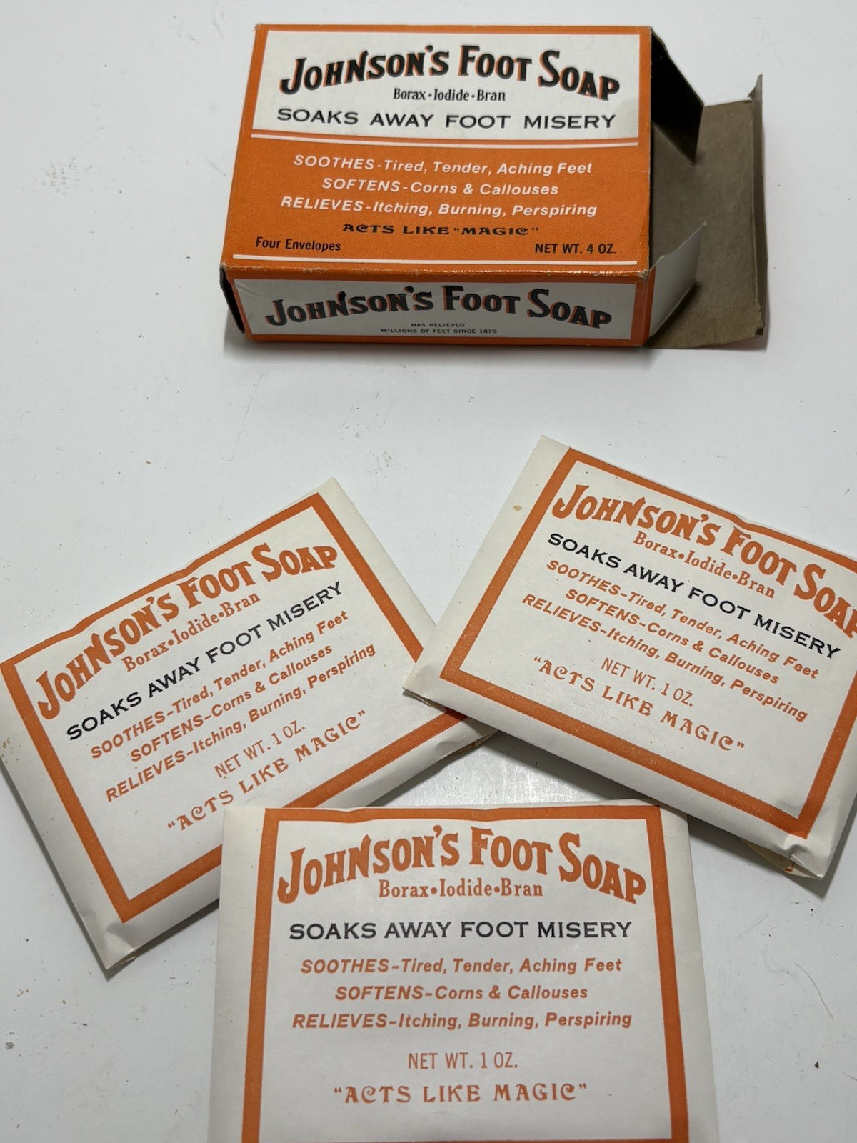 Vtg Johnson's Foot Soap Box 3 of 4 Packets Made In USA Movie Prop 52c Price Tag Vtg Johnson's Foot Soap Box 3 of 4 Packets Made In USA Movie Prop 52c Price Tag