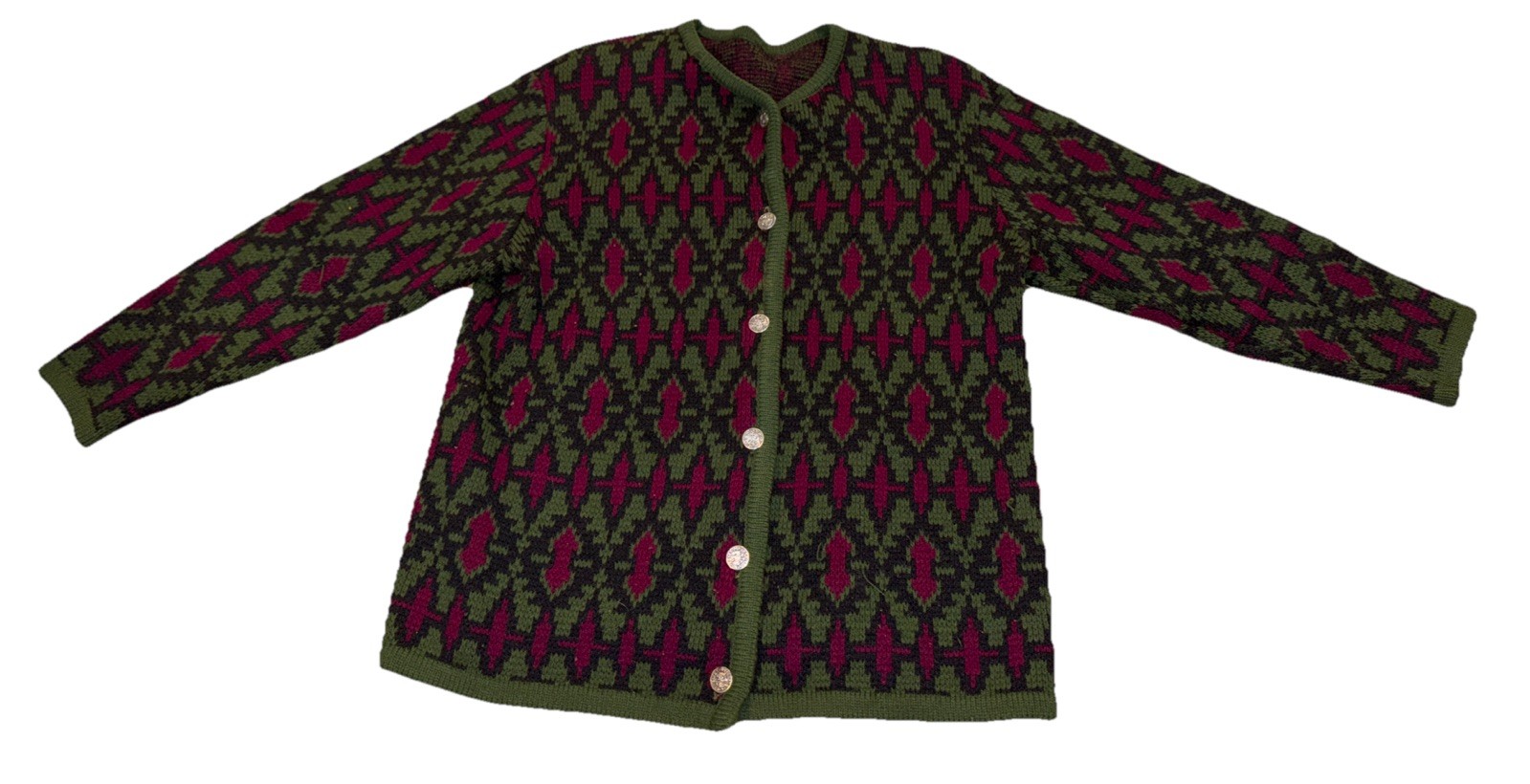 Vintage Norwegian Style Wool Cardigan Sweater Geometric Diamond Nordic Knit