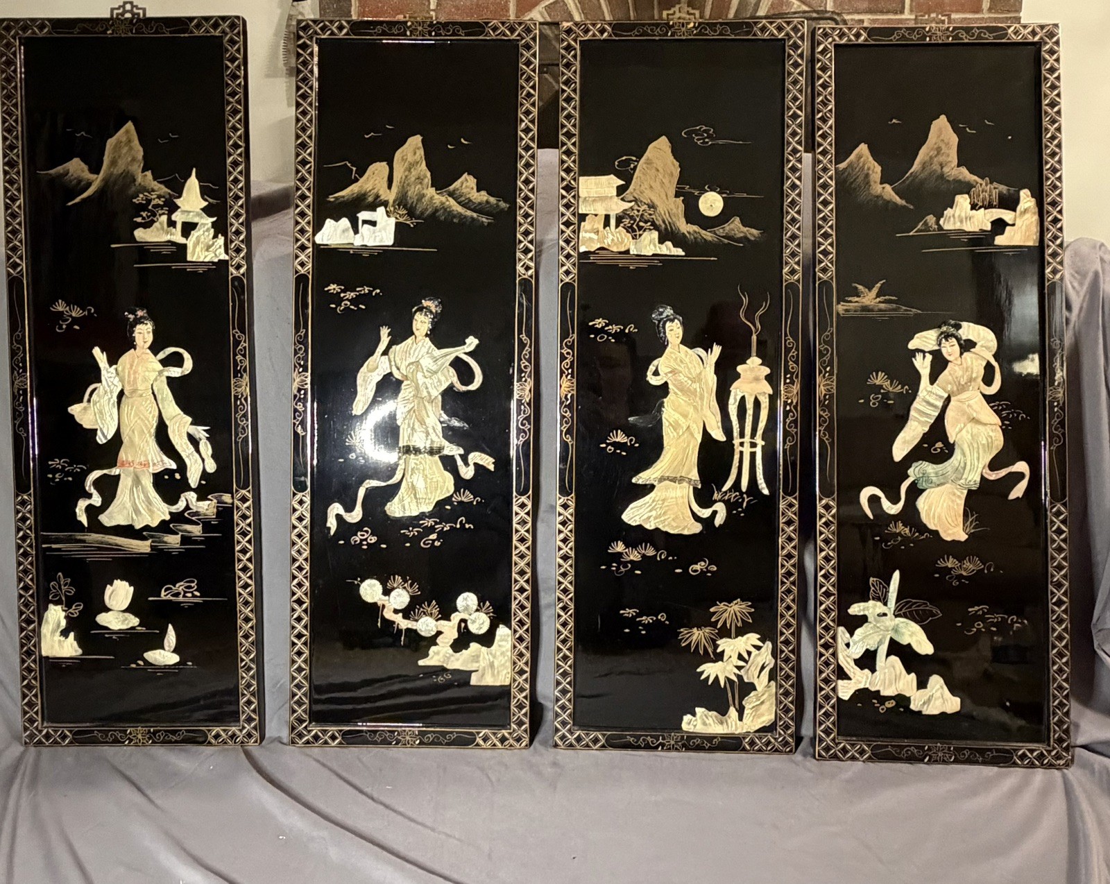 Vintage Chinese Black Laquer Mother Of Pearl Decorative Hanging Panels