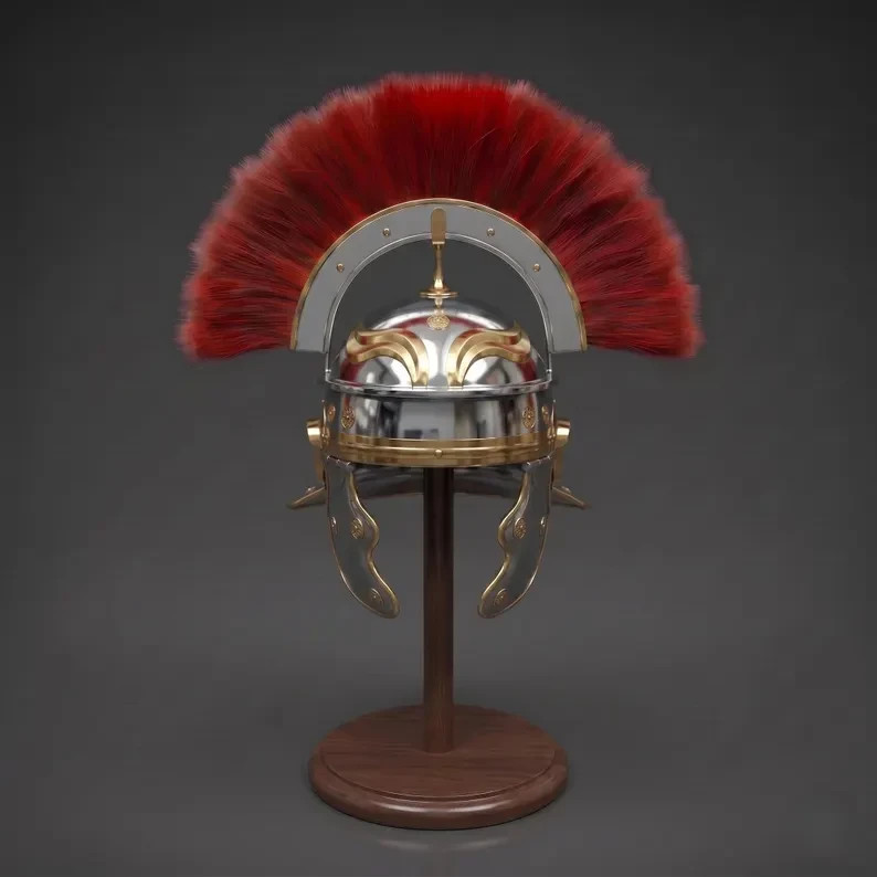 Roman Legionary Helmet With Red Plume, Steel Centurion Style Headgear, Ancient R