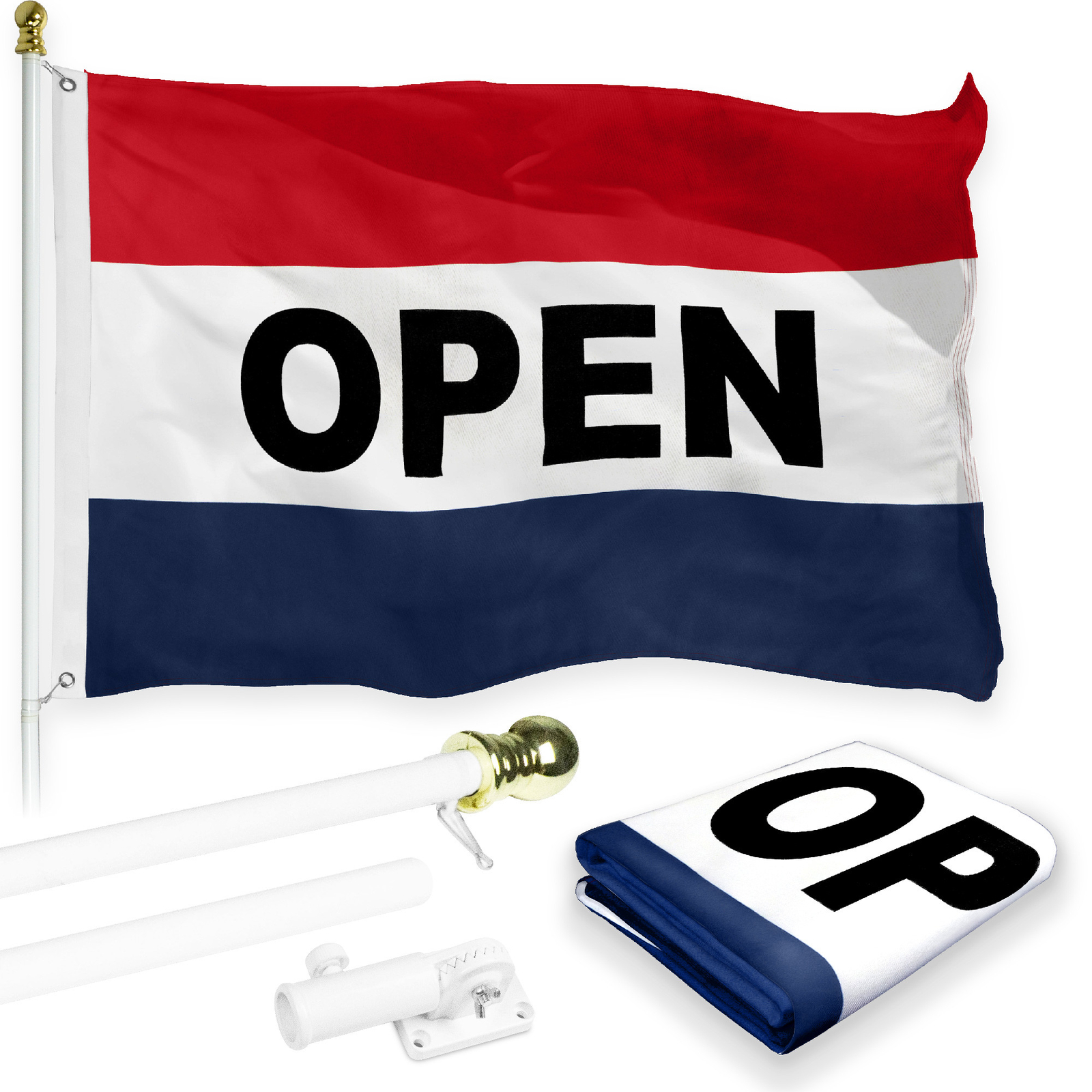 G128 Combo Pack: 5 Ft Aluminum Flagpole White & Open Flag Printed 2x3 Ft