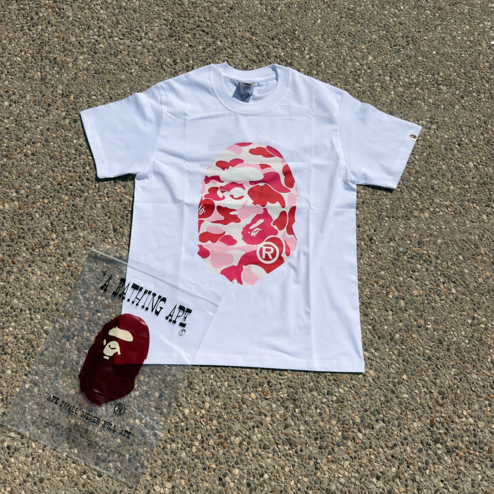 BAPE A Bathing Ape Pink Camo Ape Head White T-Shirt Size Medium