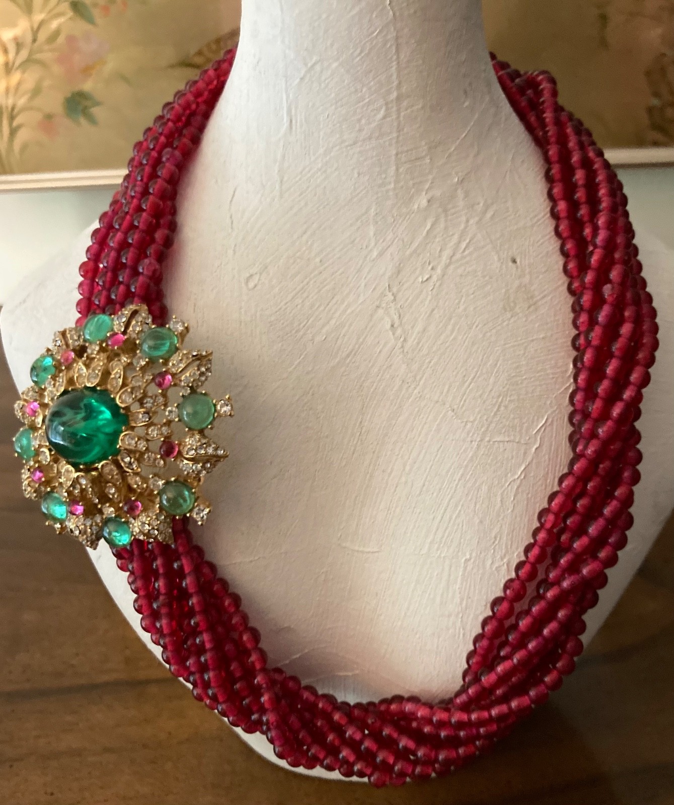 Beautiful Vintage Ciner Ruby Red Torsade with Red, Green & Clear Crystal Clasp Beautiful Vintage Ciner Ruby Red Torsade with Red, Green & Clear Crystal Clasp