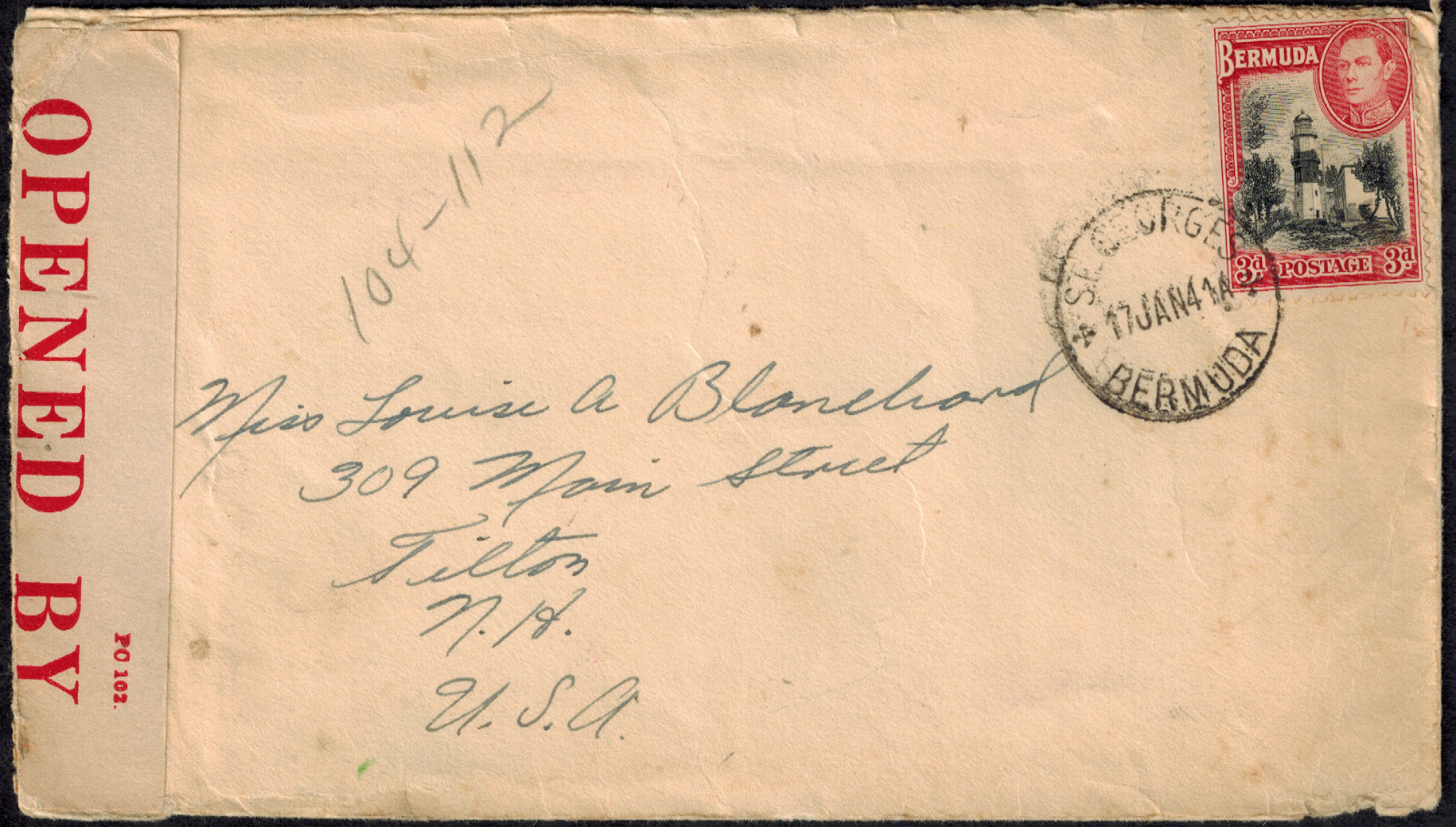 WWII Bermuda 1941 Censor Cover St. George's to Tilton, NH w/Censor Tape CL1 RARE