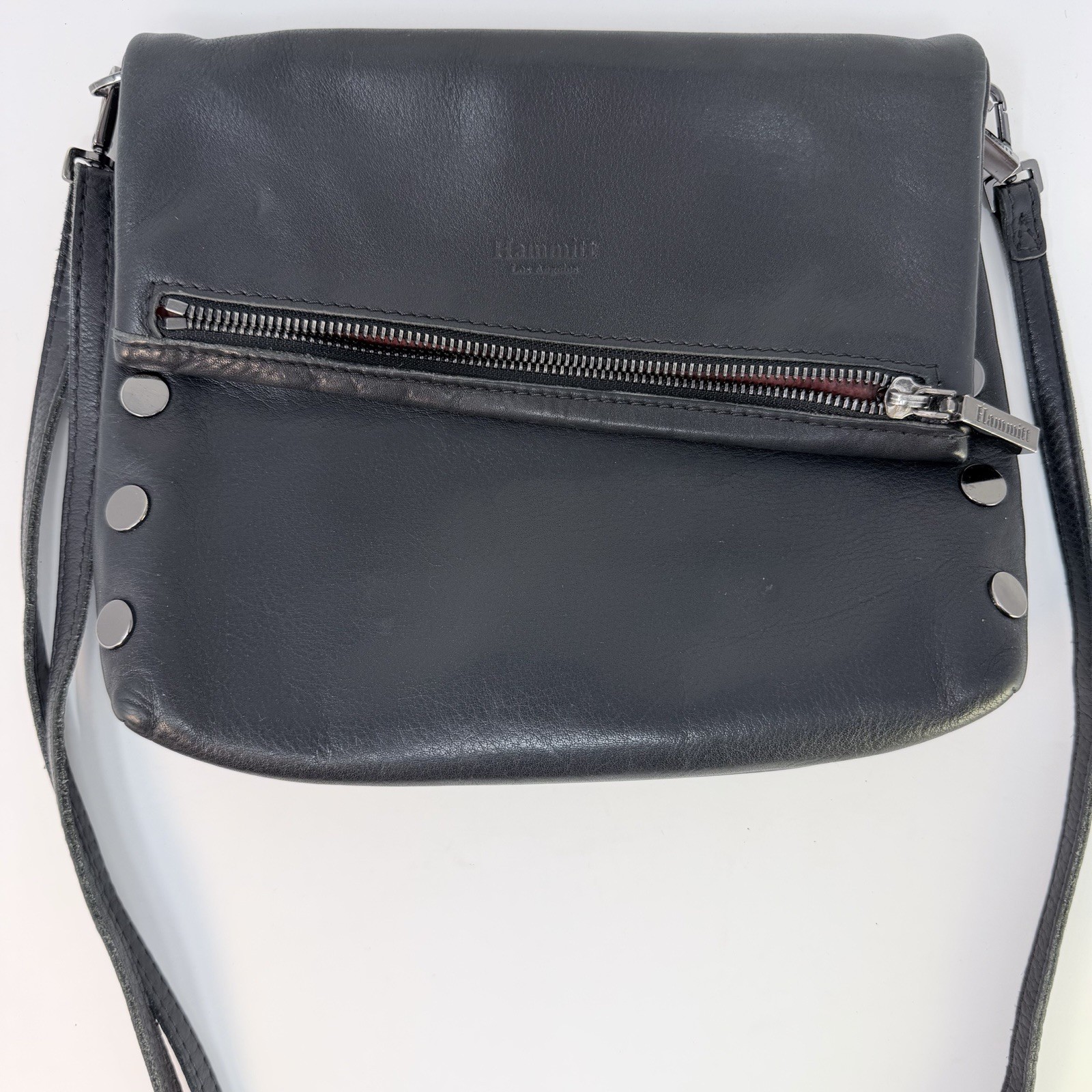 Hammitt Bag Black Red Leather VIP Medium Foldover Studded Crossbody Handbag Hammitt Bag Black Red Leather VIP Medium Foldover Studded Crossbody Handbag