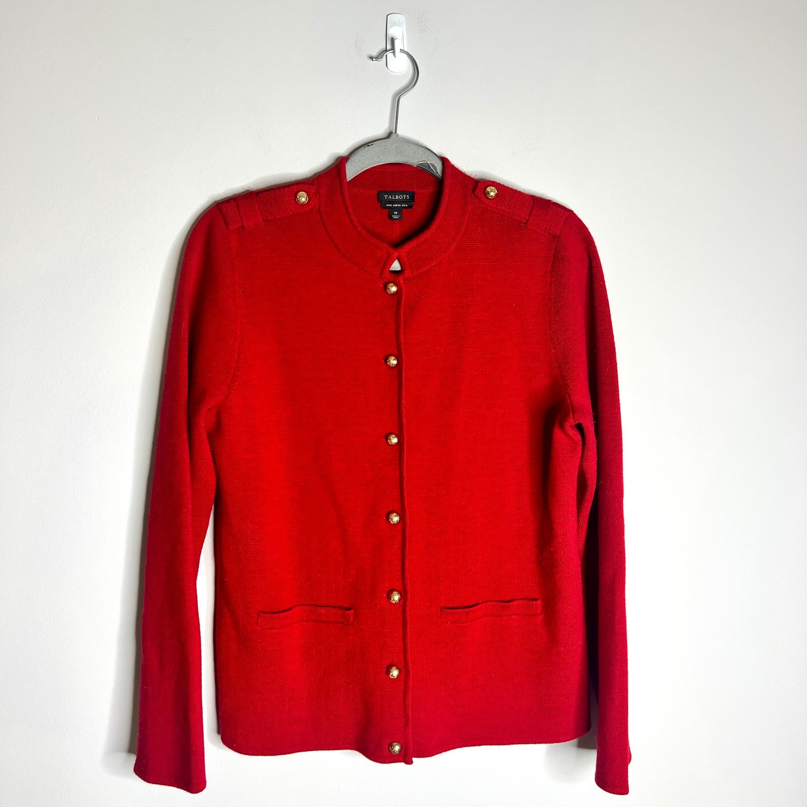 Talbots Red 100% Merino Wool Military Style Cardigan Jacket Old Money Preppy M Talbots Red 100% Merino Wool Military Style Cardigan Jacket Old Money Preppy M