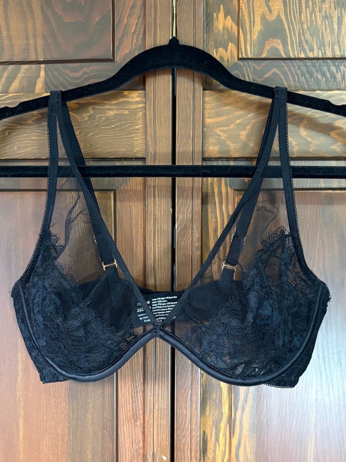 Soma Black Sheer Unlined Lace Plunge Bra Underwire 36DDD 36F