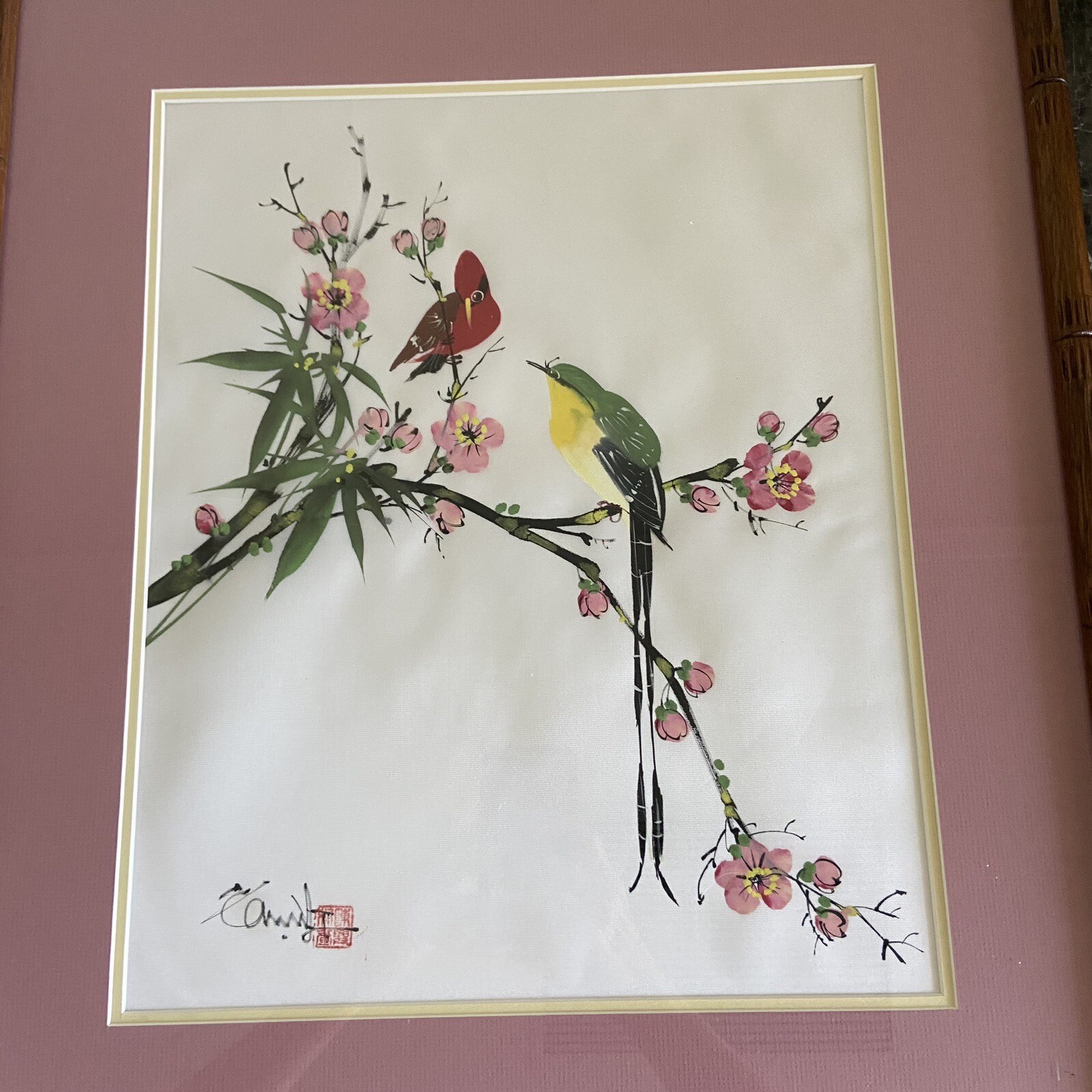 Asian Silk Artwork Hand Painted   Vtg Signed Bird  Matted Cherry Blossom